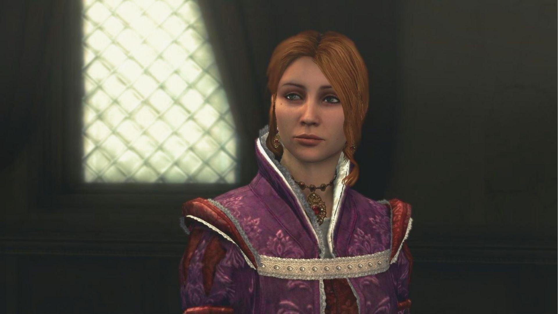 Red-haired noblewoman Caterina Sforza wears an ornate purple Renaissance gown with red sleeves.