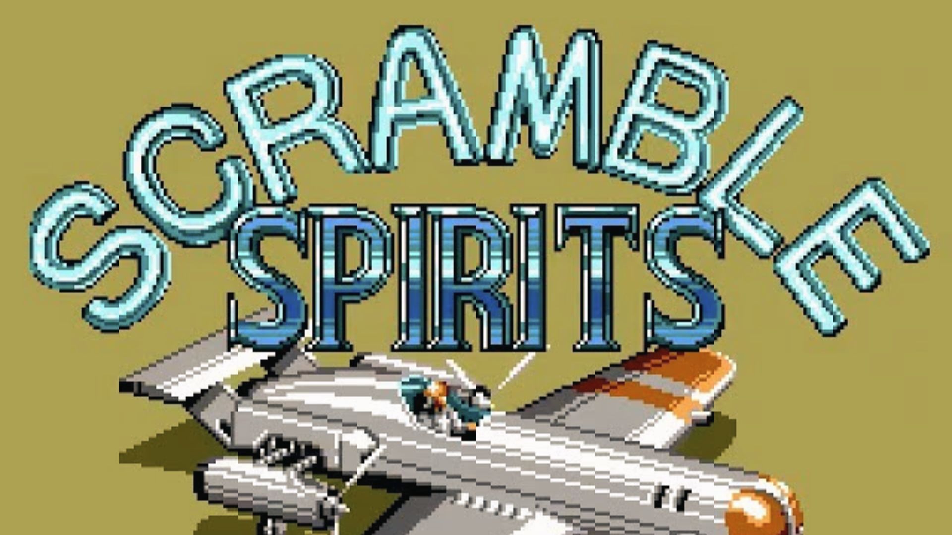 SCRAMBLE SPIRITS title above silver fighter plane, Master System vertical shooter cover artwork