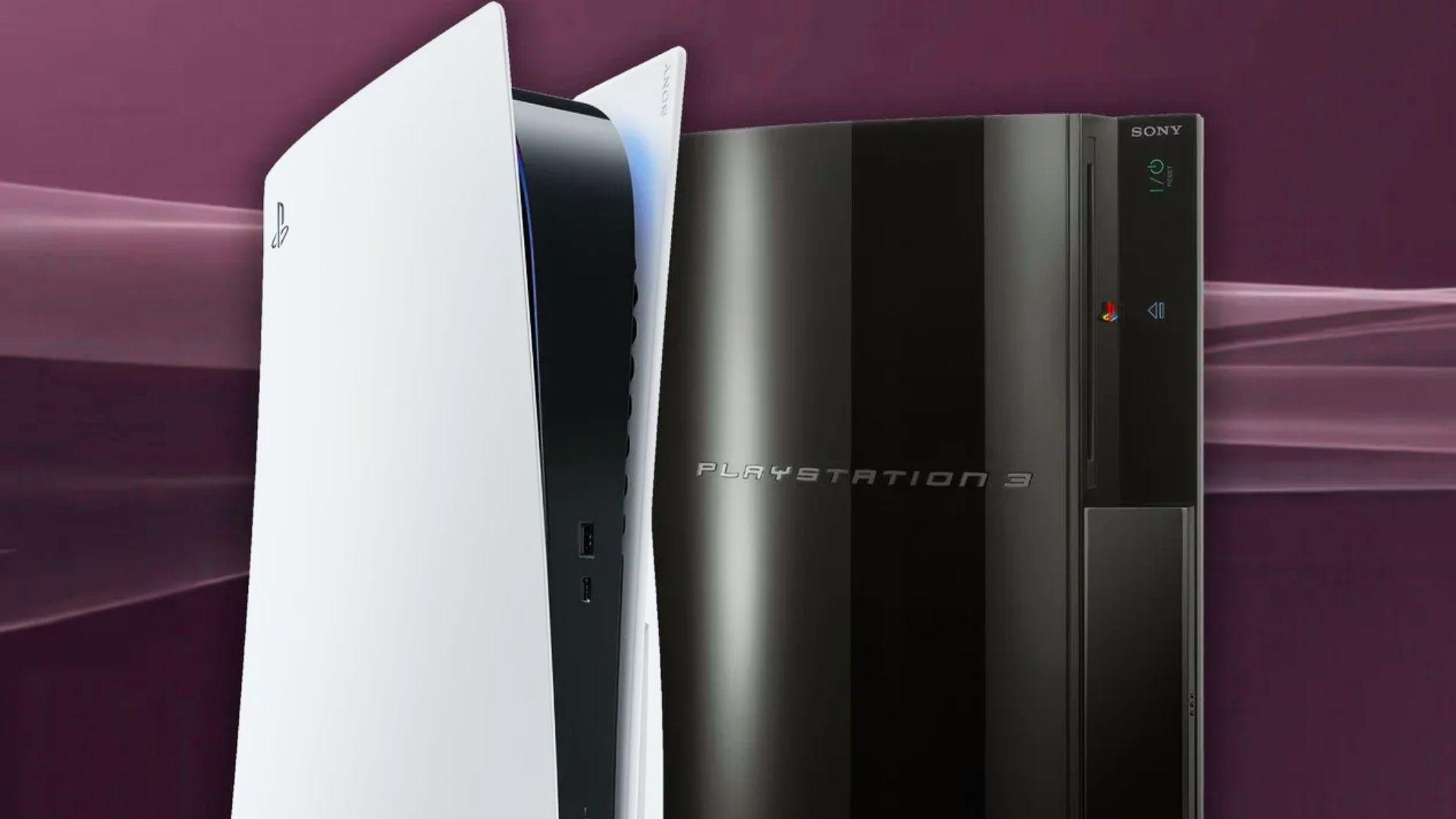White PlayStation 5 and black original PlayStation 3 consoles standing side by side against purple wave background graphic