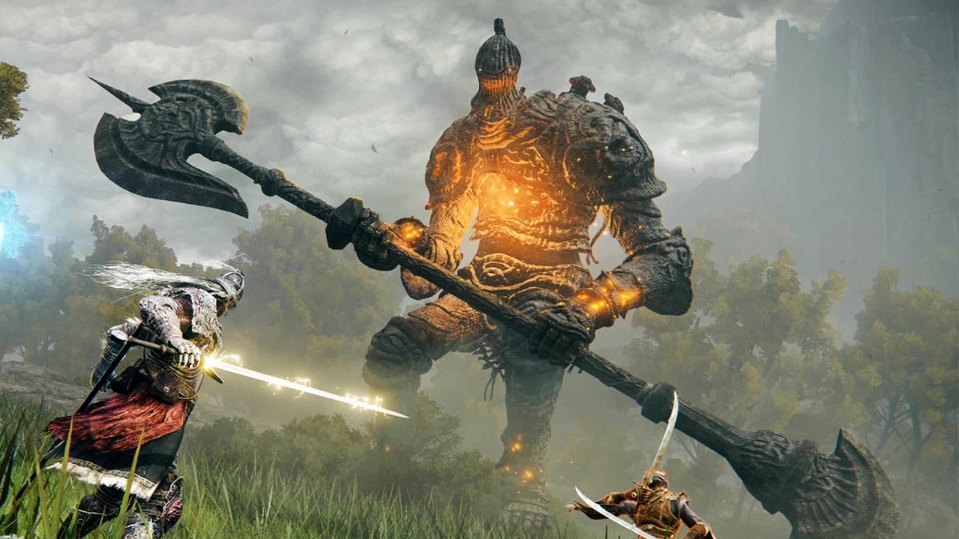 Tarnished with glowing sword and white-haired companion confront massive glowing Golem wielding double-bladed axe in misty forest battle scene.