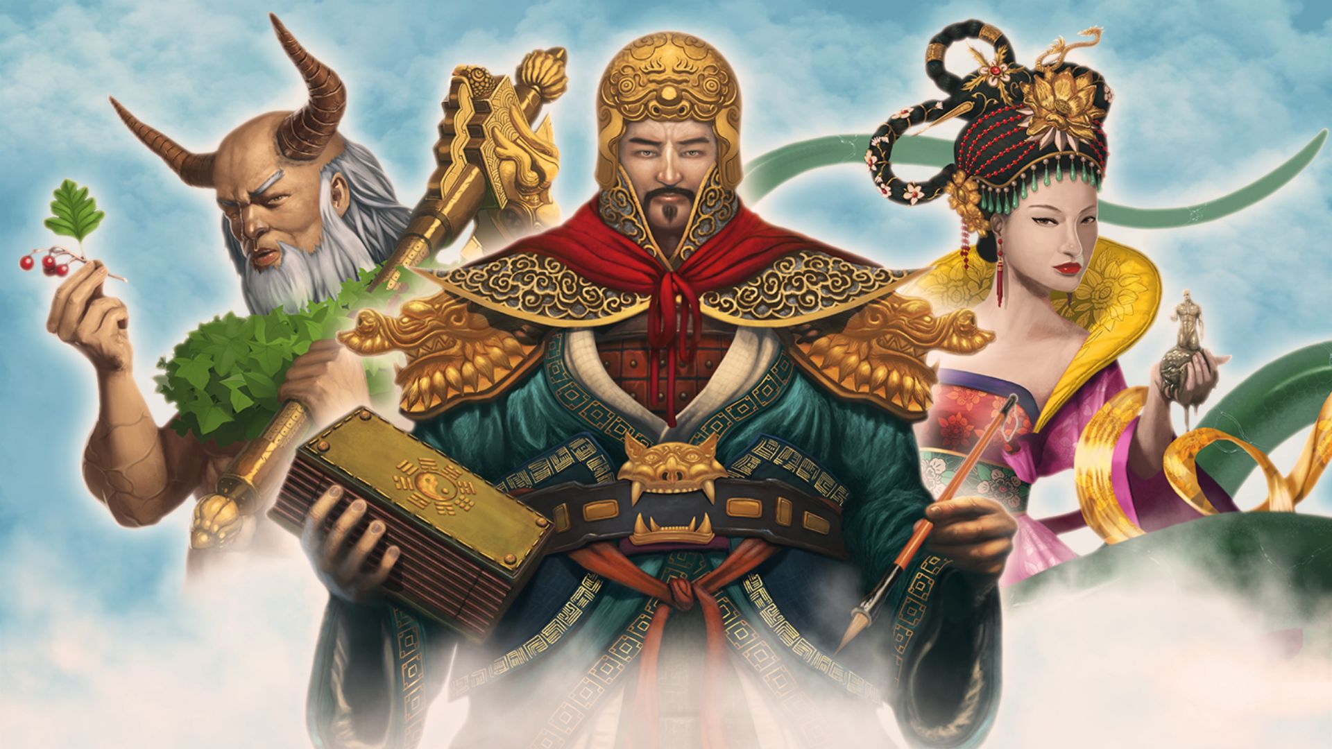 Shennong, Huang Di, and Nuwa, three major Chinese gods, rise from clouds in key art.