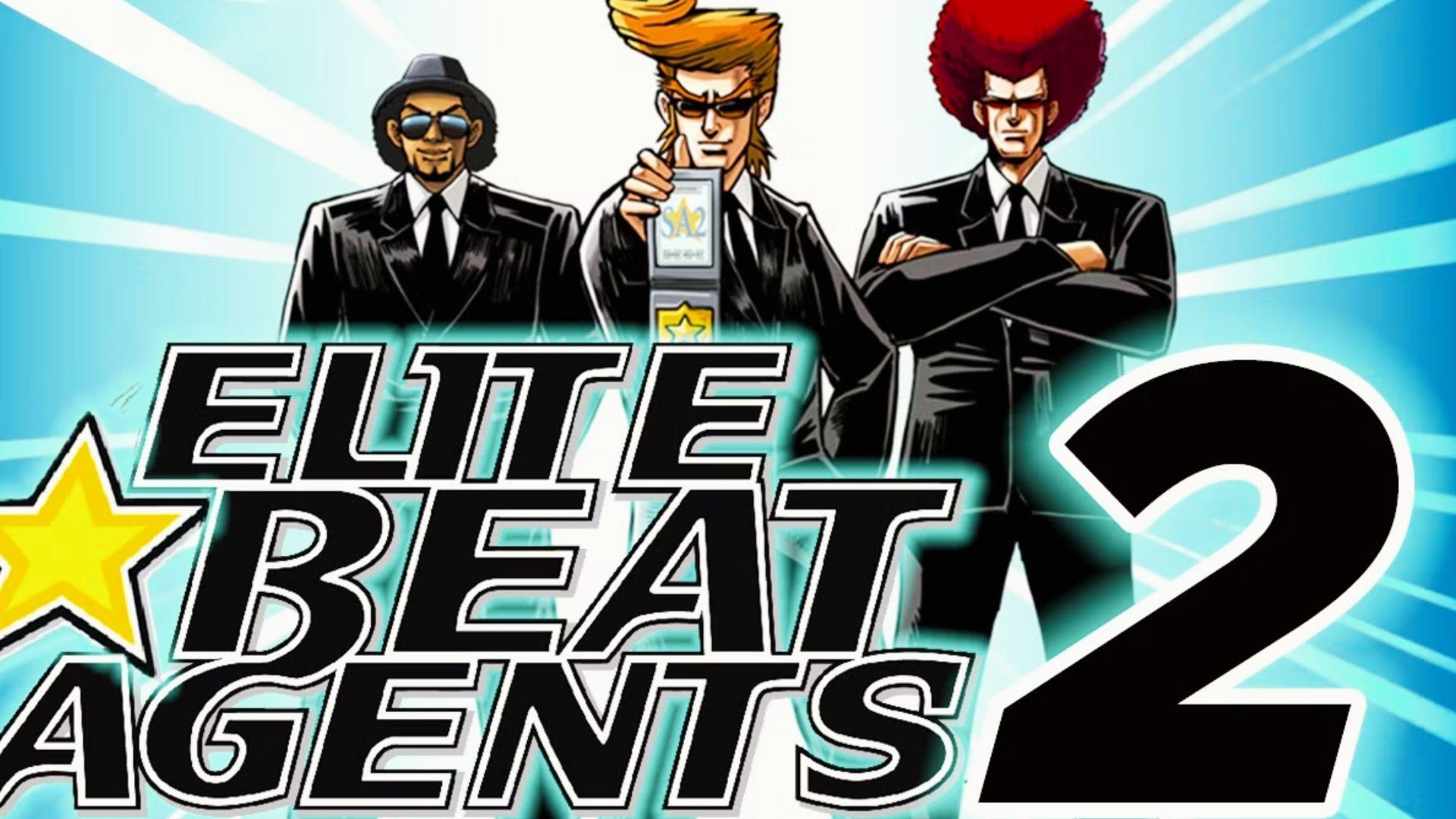Elite Beat Agents 2 key art with three agents in black suits, sunglasses, one flashing badge, yellow star logo