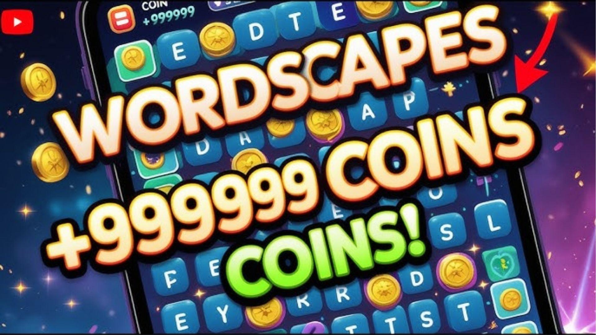 Wordscapes mobile game screen showing letter grid with +999999 coins overlay text, YouTube icon, and gold coins