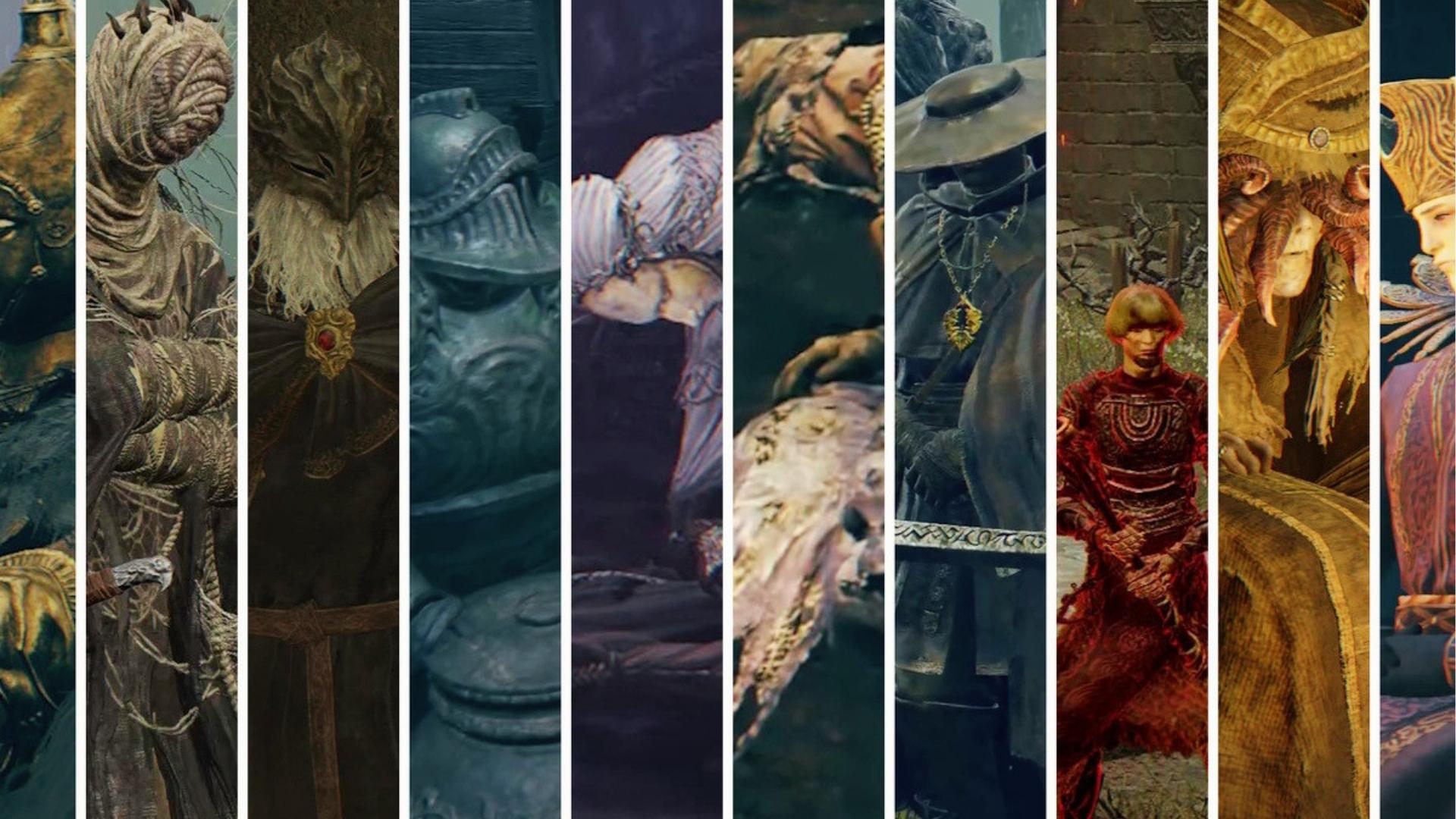 Vertical collage showcases 11 key Elden Ring NPCs including Ranni, Fia, Dungeater, Alexander, Boc, and Seluvis in detailed character portraits.