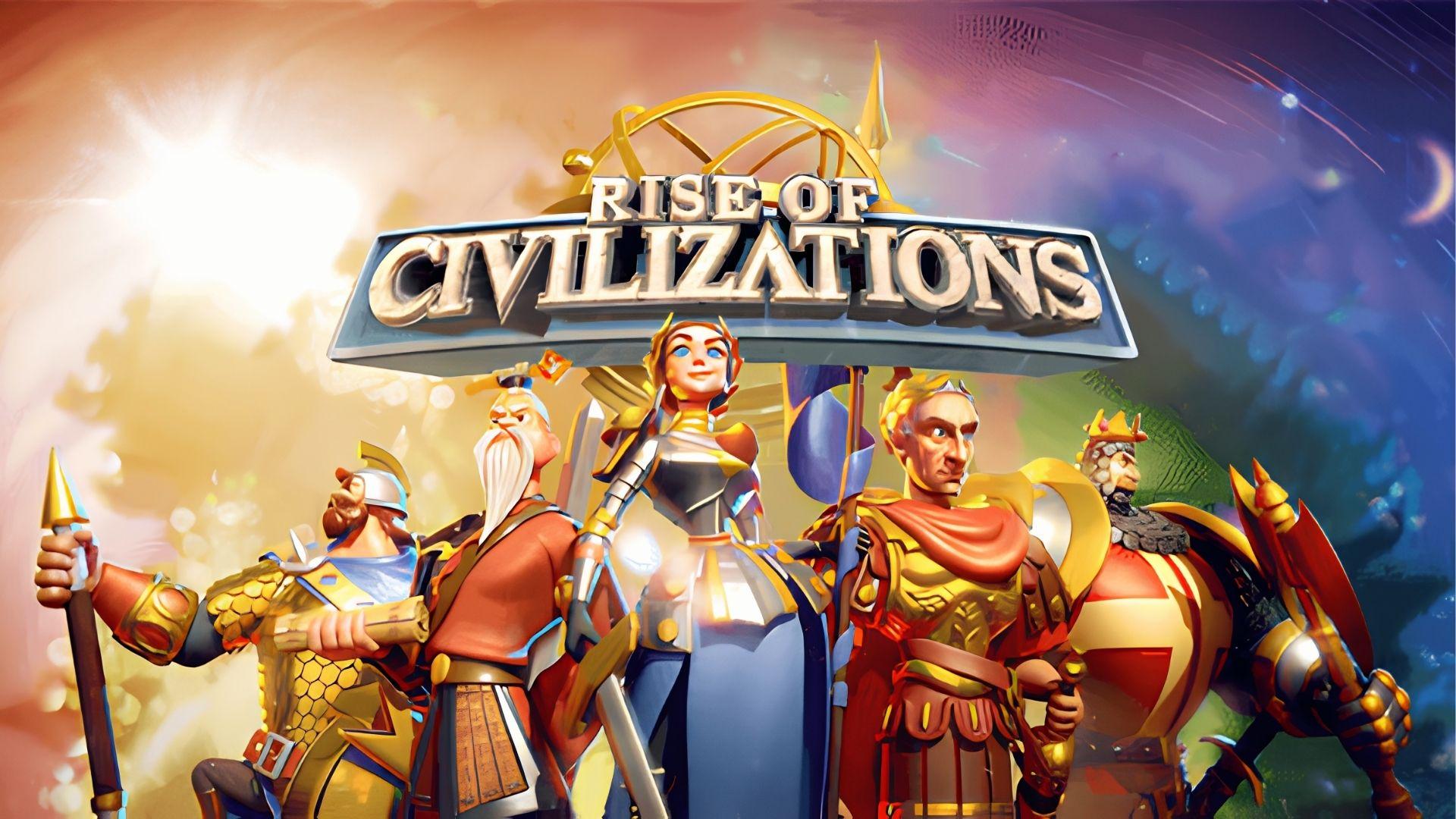 Rise of Kingdoms game logo with iconic commanders from different civilizations standing together for battle