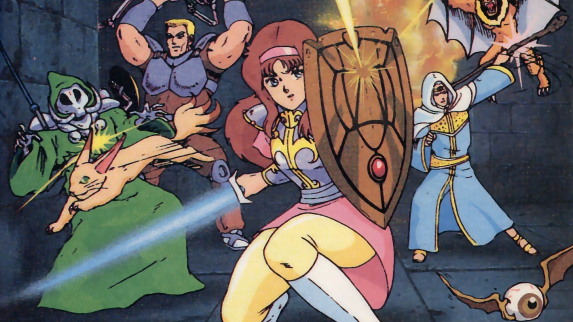 Anime heroes battle monsters in dungeon, Phantasy Star box art, legendary Master System RPG title