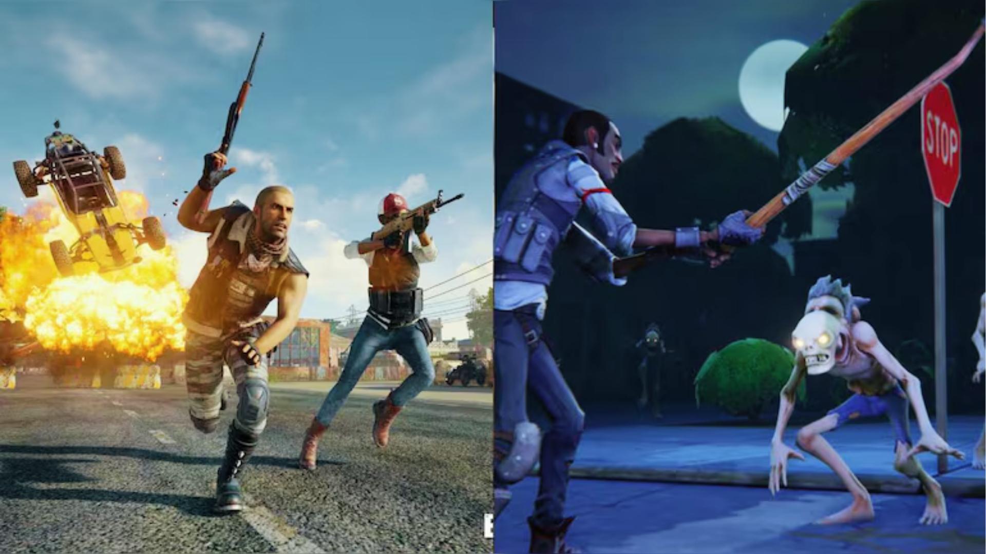 Split-screen shows PUBG players running from buggy explosion while Fortnite character fights zombie with pickaxe under full moon night.