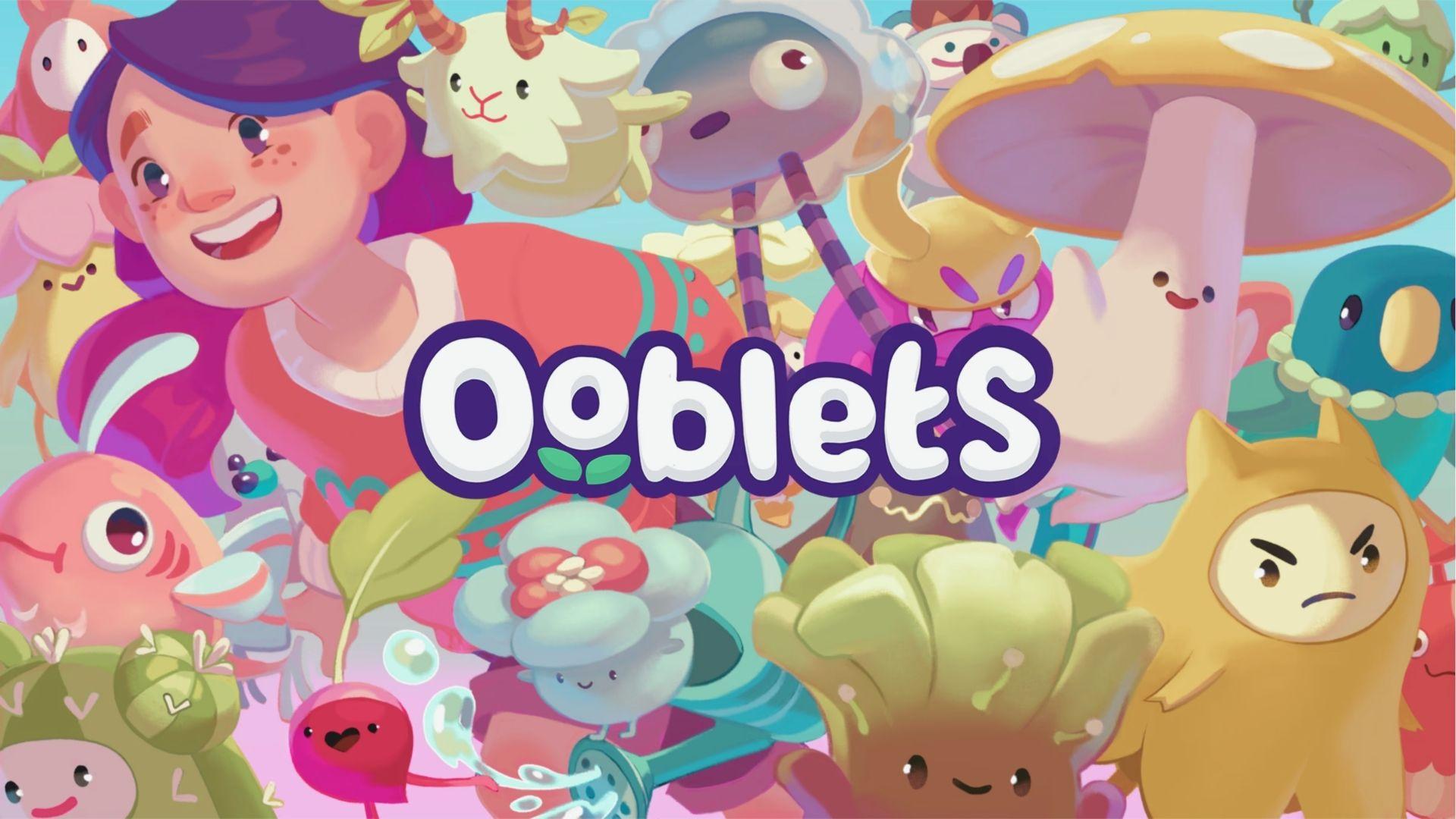 Colorful key art for Ooblets showing a smiling player surrounded by quirky plant-animal creatures.