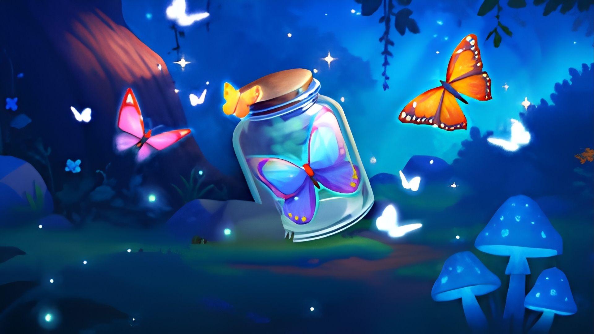Magical night scene from Wordscapes with glowing butterflies, glass jar, blue mushrooms, and sparkling stars in forest
