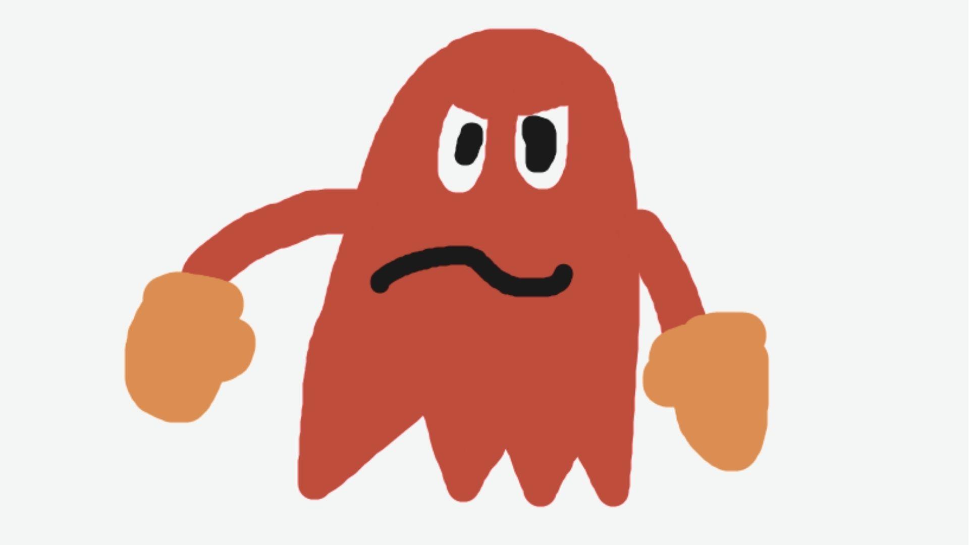 Red ghost Blinky from Pac-Man frowns with angry eyes and orange-gloved fists.