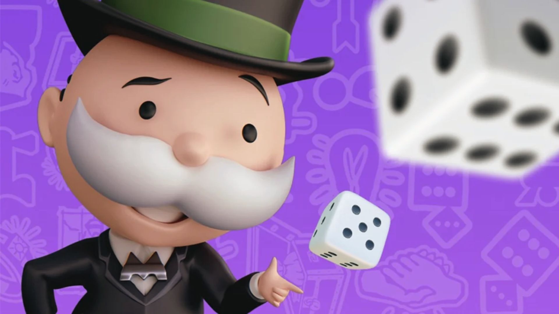 3D Mr. Monopoly smiles by rolling dice on purple background, key art for dice multiplier levels.