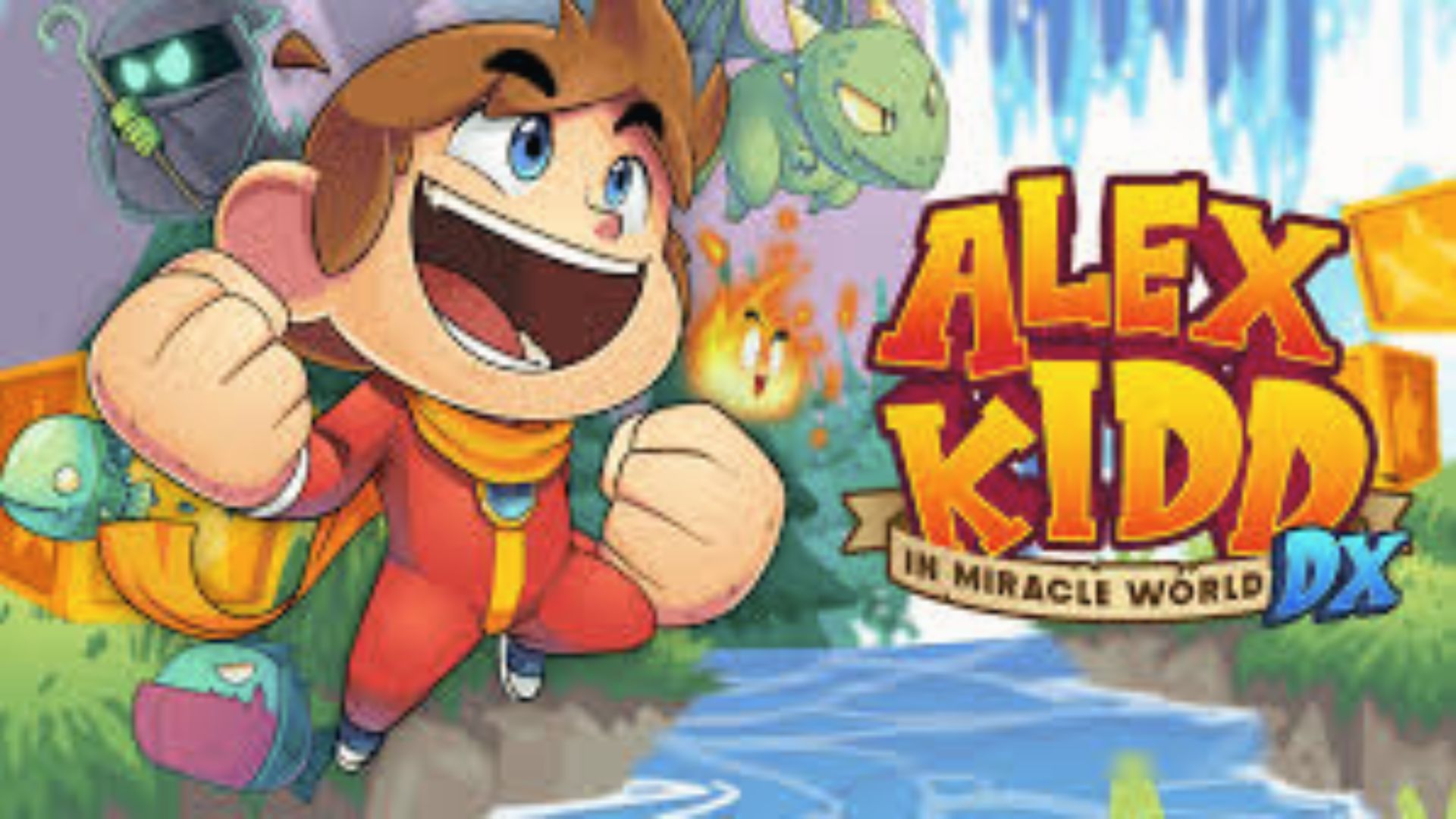 Alex Kidd leaps over river with fist raised, Miracle World DX remake of Master System platformer