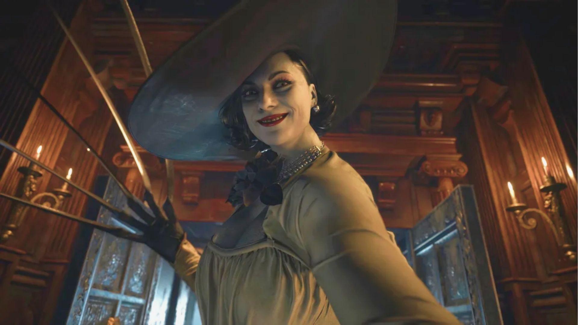 Towering woman in a wide-brimmed hat smiles menacingly while extending clawed fingers in an ornate, candlelit hall.