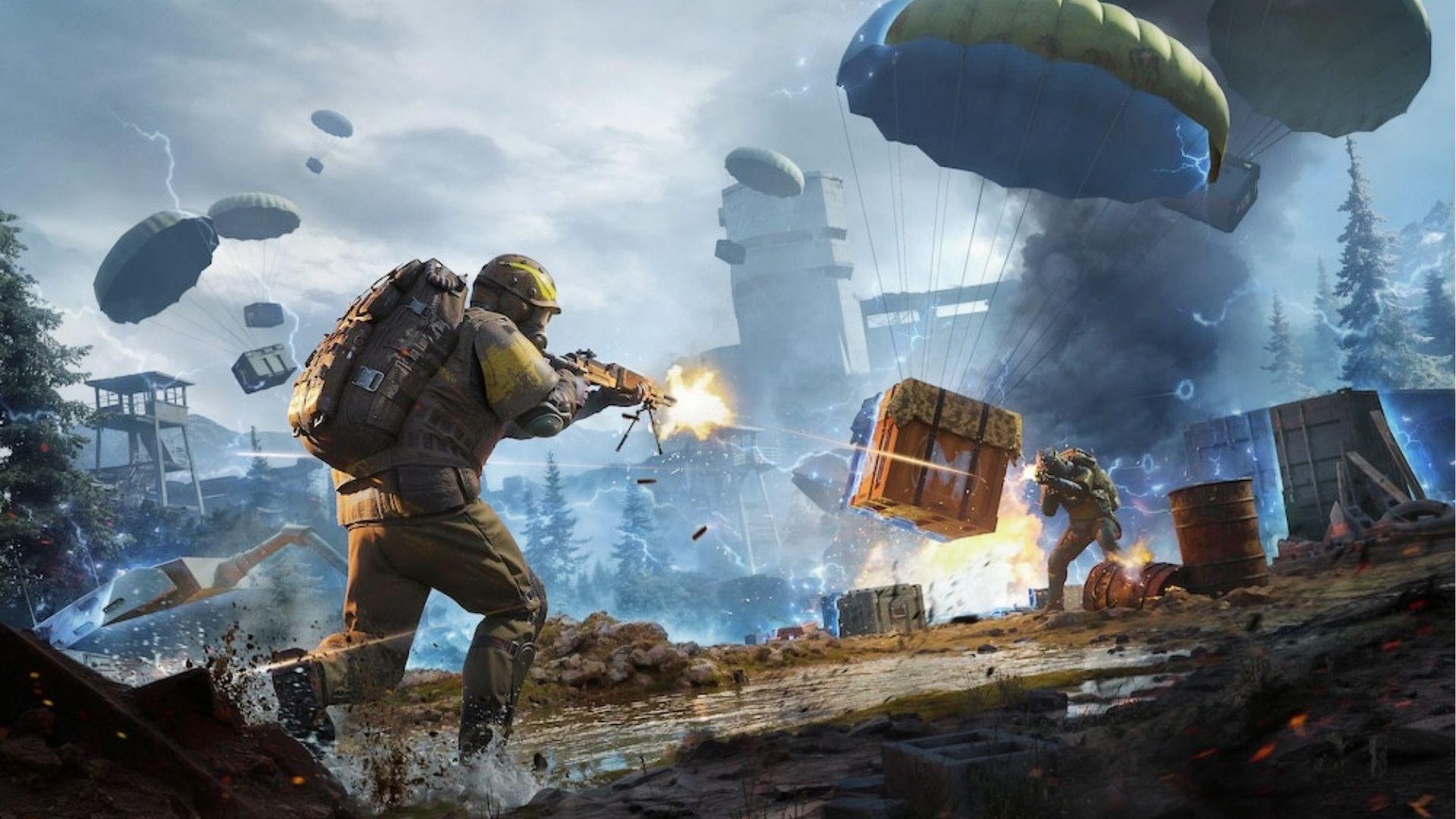 PUBG soldiers fighting near airdrop crates with parachutes dropping in stormy battlefield, showing future PUBG Mobile and PS5 crossplay action 2026