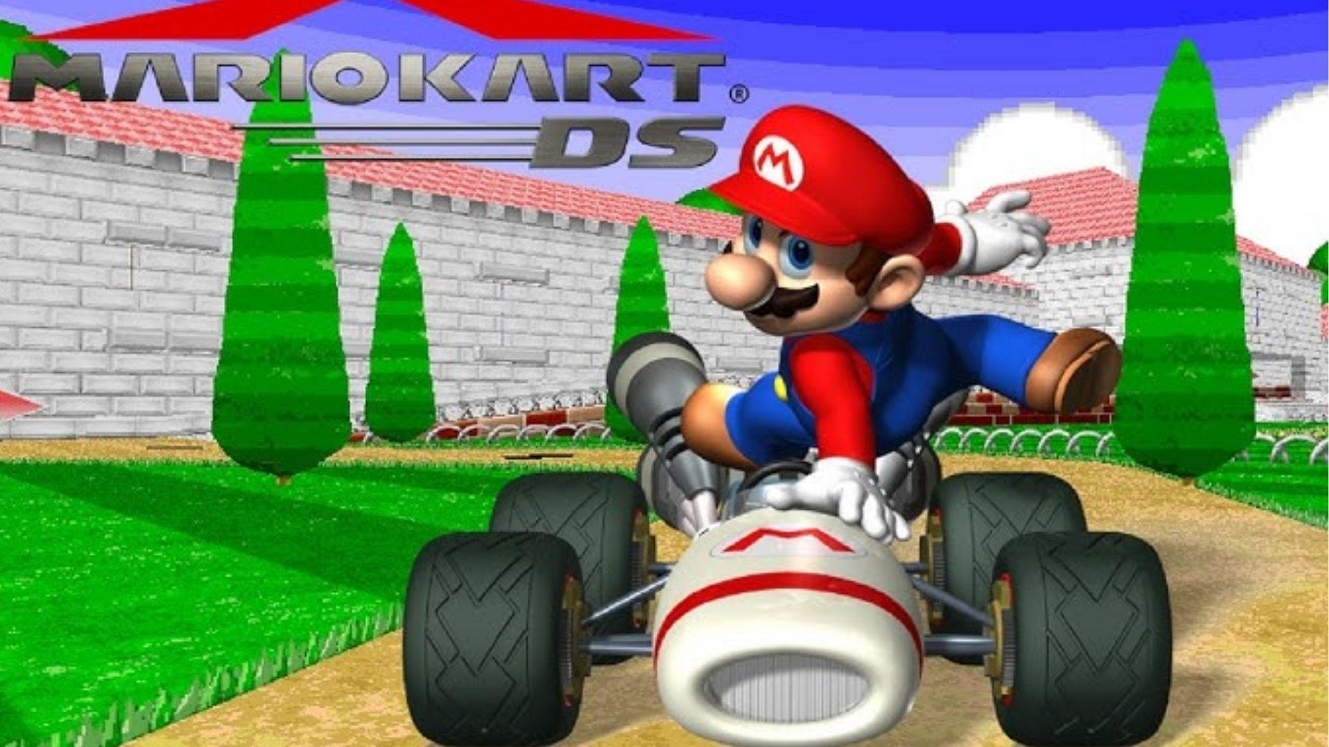 Mario Kart DS key art showing Mario leaning from white kart racing past castle walls, trees, logo, blue sky*