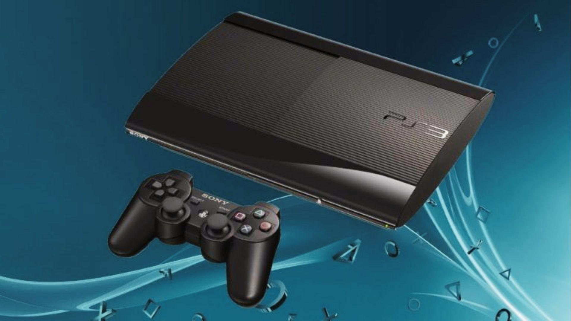 Black PlayStation 3 Super Slim console and DualShock 3 controller on blue background with floating PlayStation symbol icons