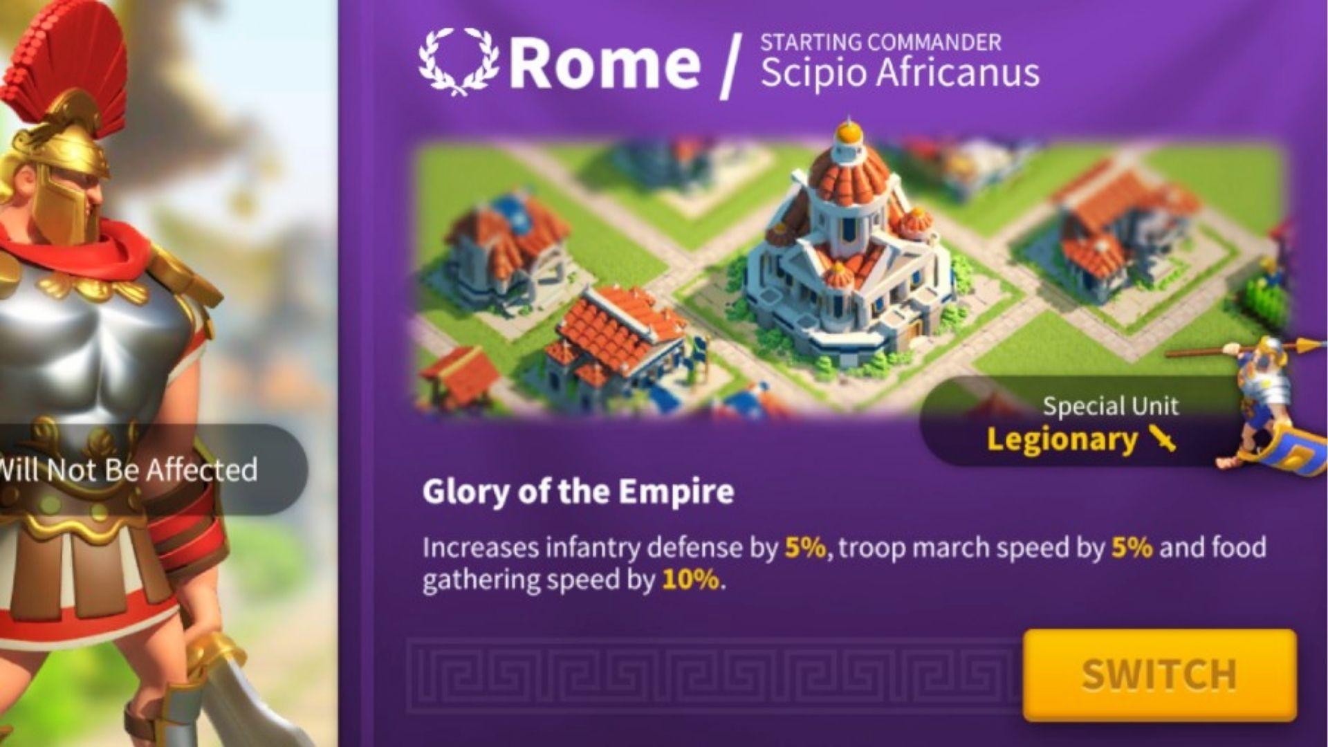 Rise of Kingdoms Rome civilization screen displaying Scipio Africanus commander, Legionary infantry special unit, and Glory of Empire buffs