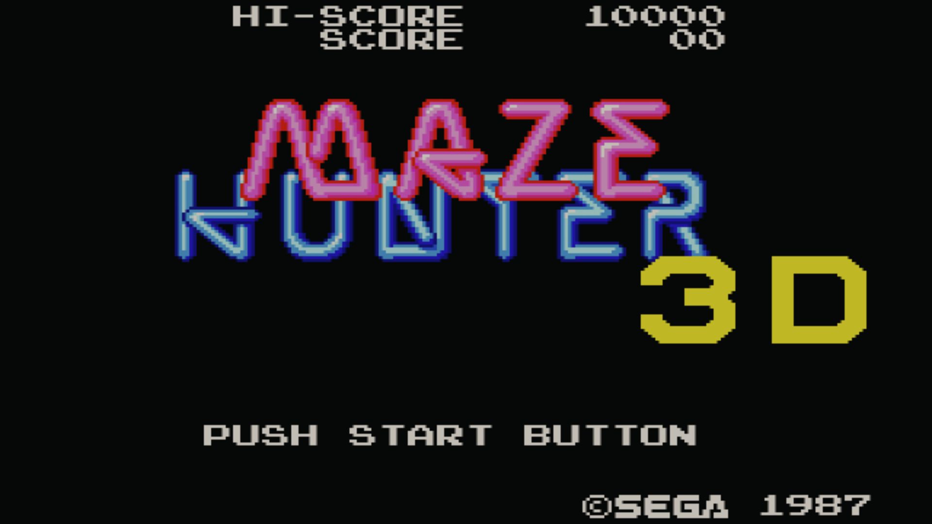 Neon Maze Hunter 3D title screen in pink and blue, SEGA 1987 Master System 3D glasses shooter