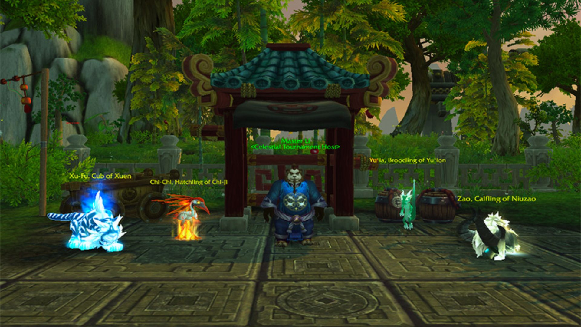 "World of Warcraft: Master Li stands under a pagoda with four Celestial Tournament pets: blue tiger Xu-Fu, fiery crane Chi-Chi, green dragon Yu'la, and white ox Zao.”