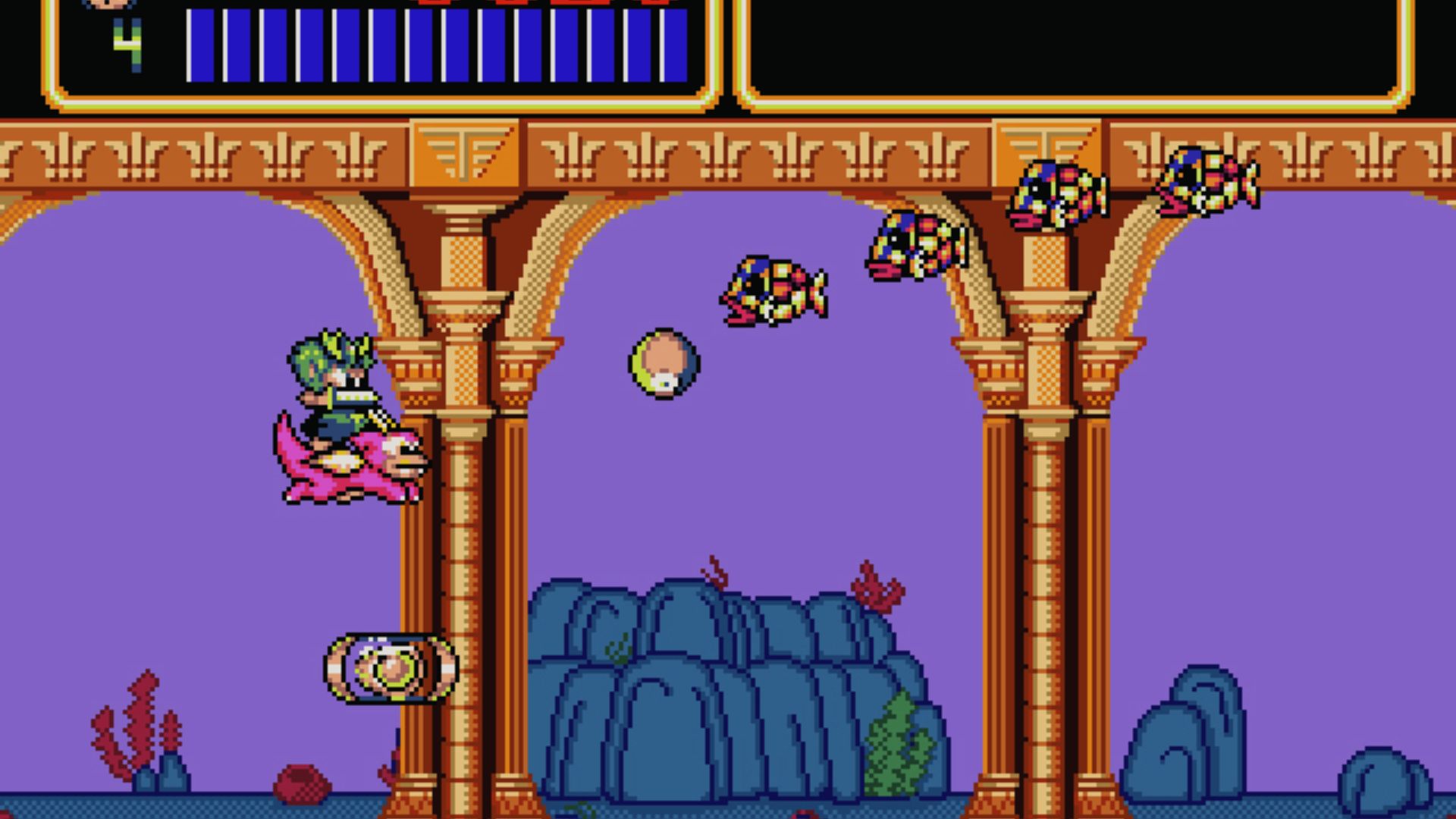 Hero rides pink bird through underwater temple, Wonder Boy III Master System action RPG adventure