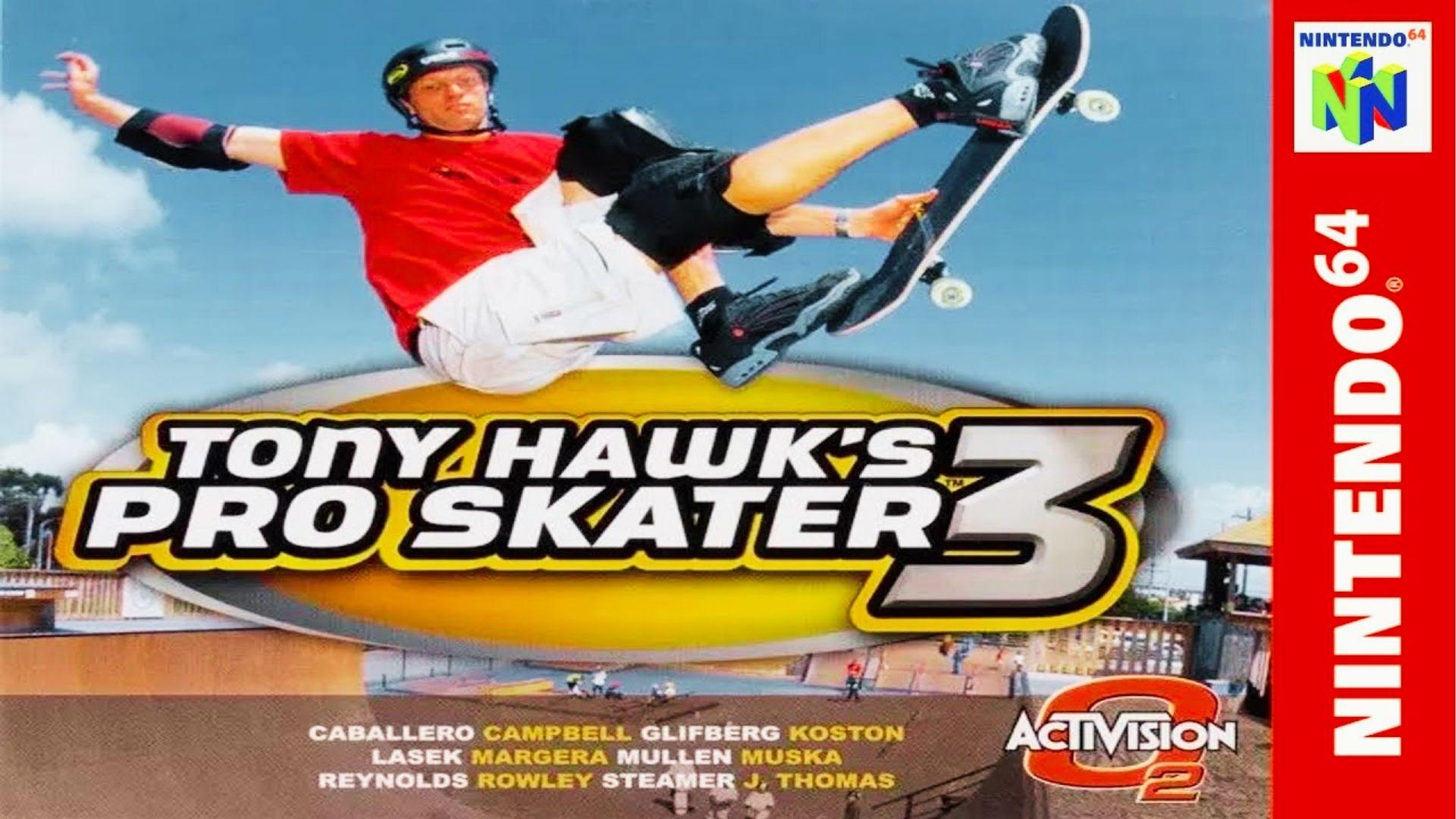 Tony Hawk's Pro Skater 3 N64 cover featuring skateboarder doing grab trick, game logo, Nintendo 64 sidebar