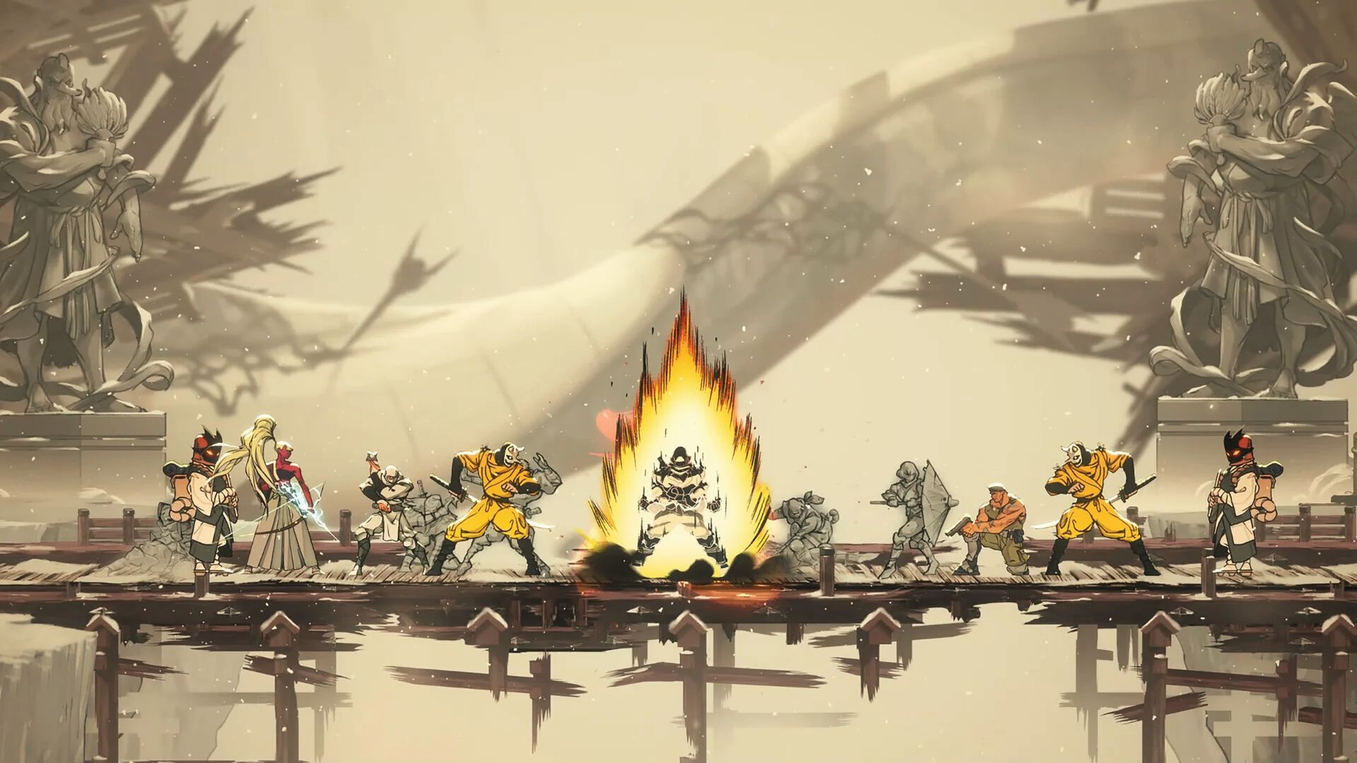 Warriors clash on a wooden bridge with fire blast at center, epic Master System beat-em-up battle scene of shinobi.