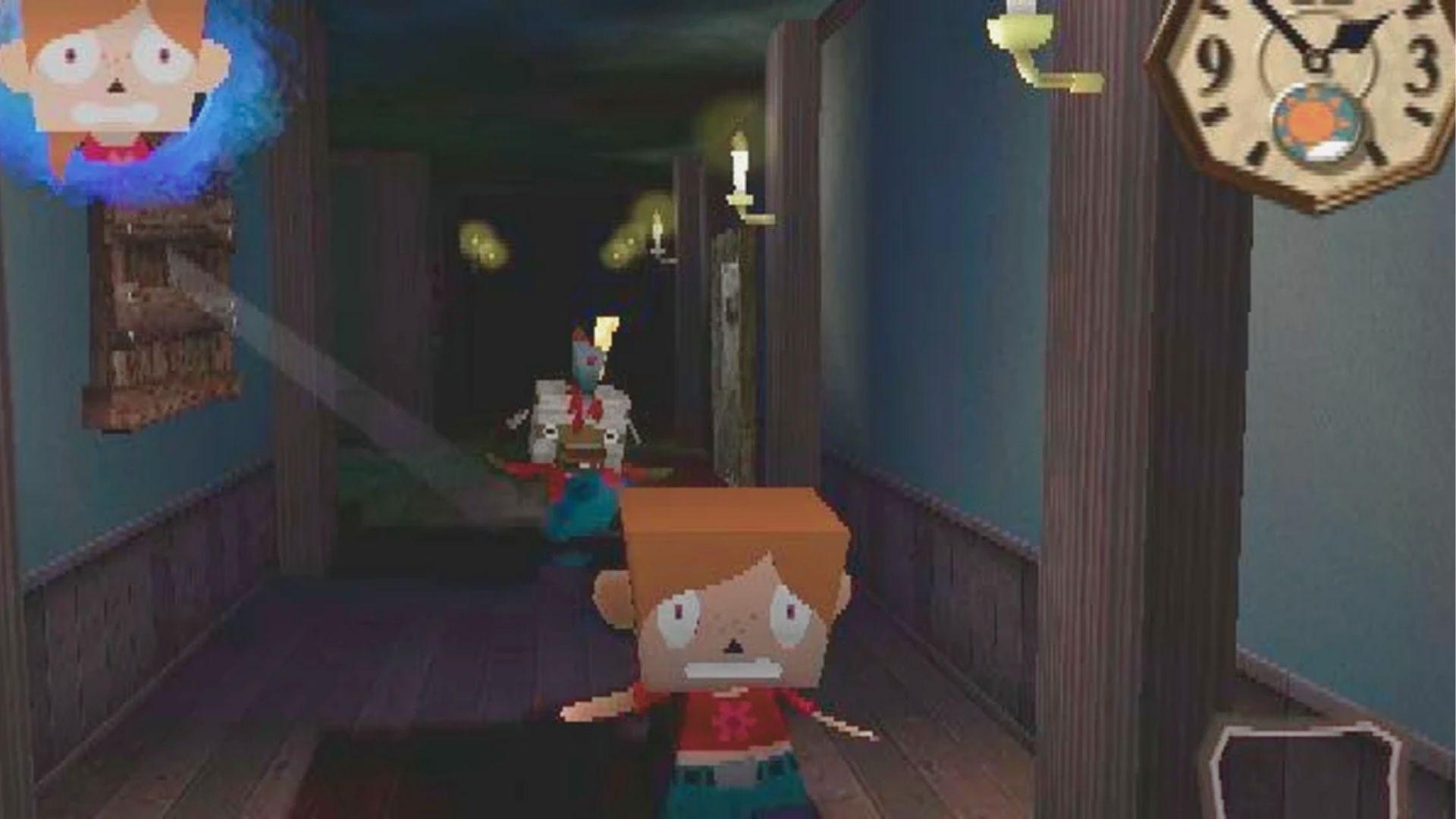 Pixelated blocky child looks terrified while running down a dark, candlelit mansion hallway in a retro horror game.
