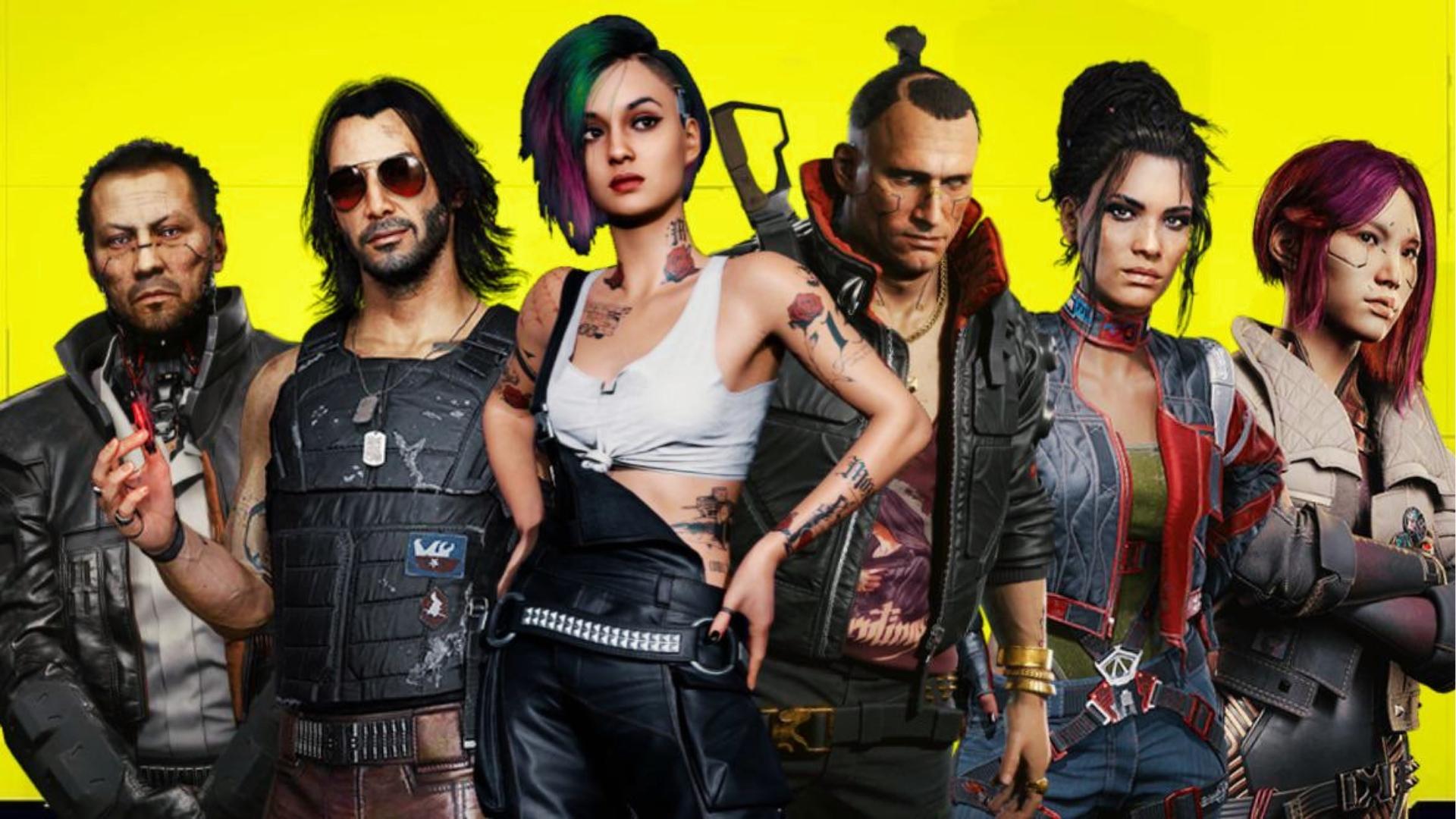 Group portrait of six Cyberpunk 2077 main characters including Takemura, Johnny, Judy, Jackie, Panam, and Songbird against solid yellow background.