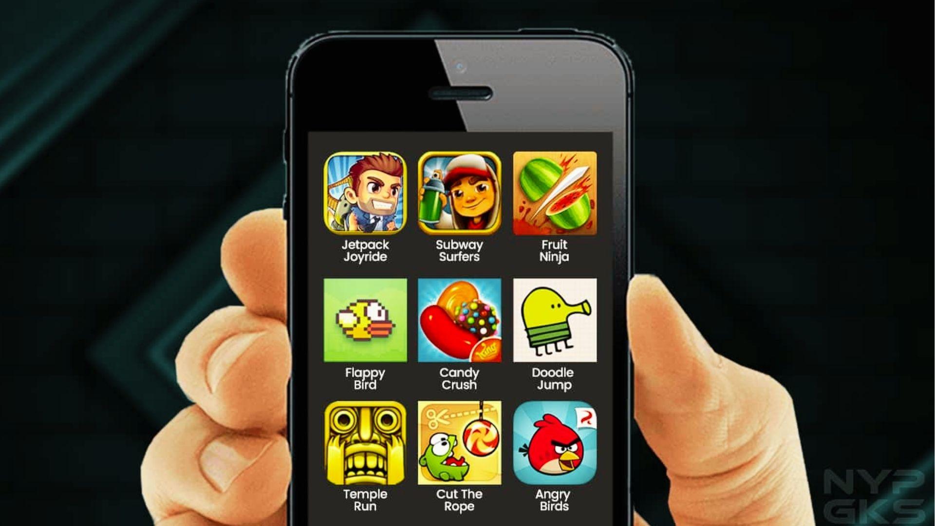 Smartphone screen showing nine classic mobile game icons including Jetpack Joyride, Subway Surfers, Fruit Ninja, Flappy Bird, Angry Birds
