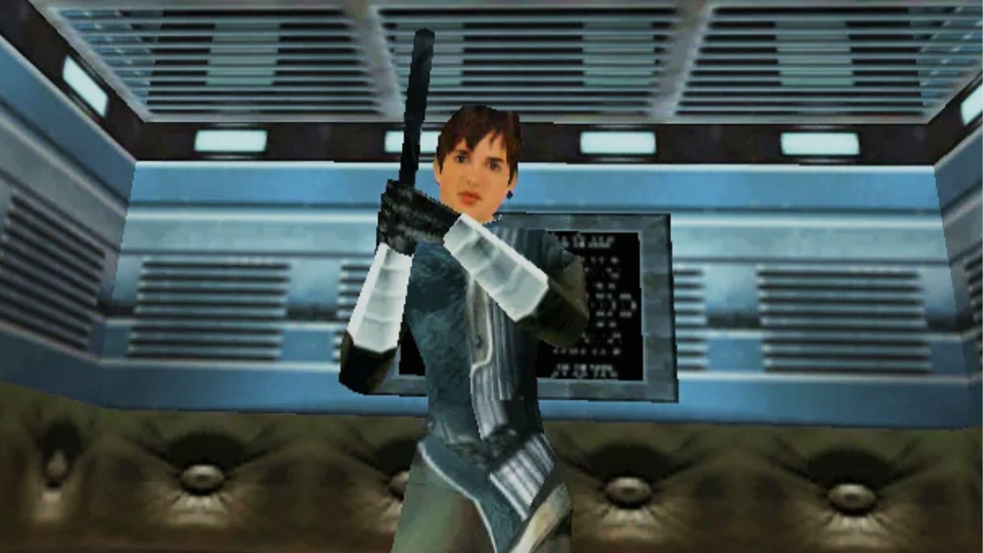 Joanna Dark from Perfect Dark holding rifle inside futuristic metallic facility with overhead lights and computer terminal background