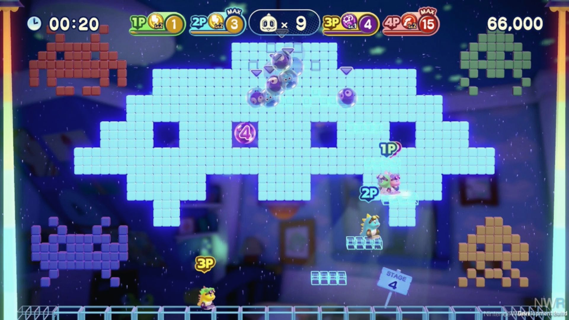 Players battle bubbles on glowing Space Invader grid, 4P co-op Bubble Bobble style Master System action