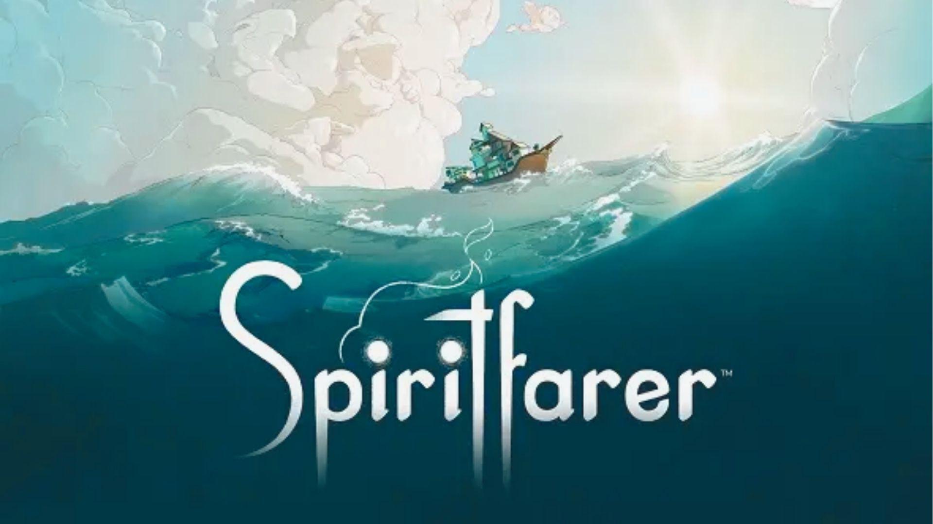 The Spiritfarer logo overlays a scene of the ferry cresting a huge ocean wave under bright sunlight.