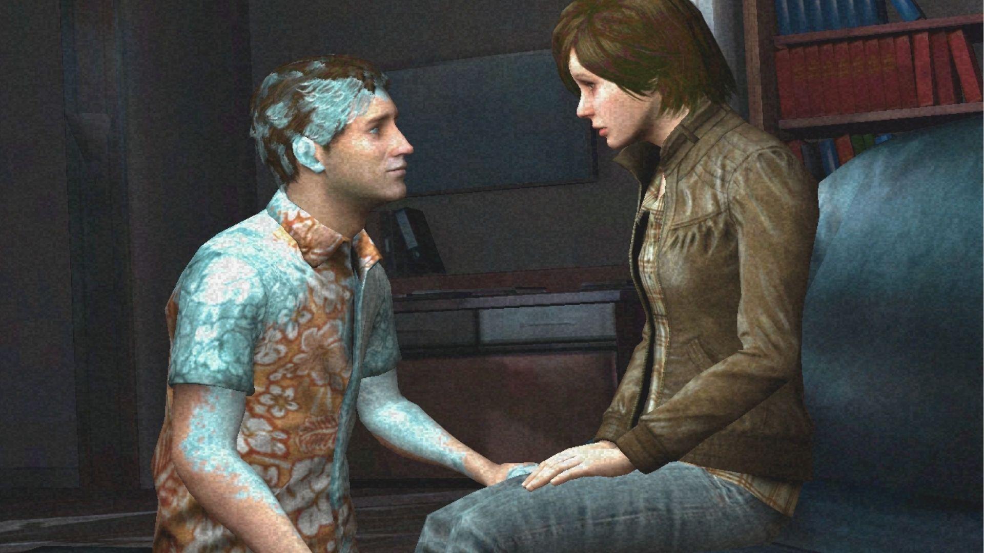Two characters share a tense moment in a dim, static-filled room from a psychological horror game.