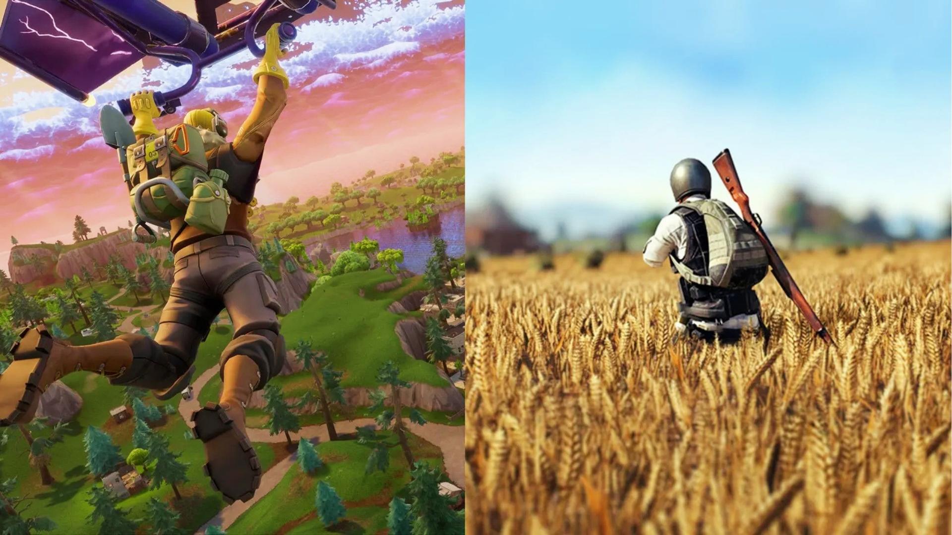 Fortnite character glides over colorful island with glider while PUBG soldier crouches in wheat field with rifle in split-screen.