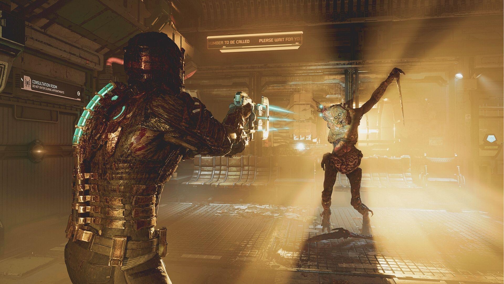 Armored engineer aims a plasma cutter at a grotesque, blade-armed necromorph in a bloodstained sci-fi medical bay.