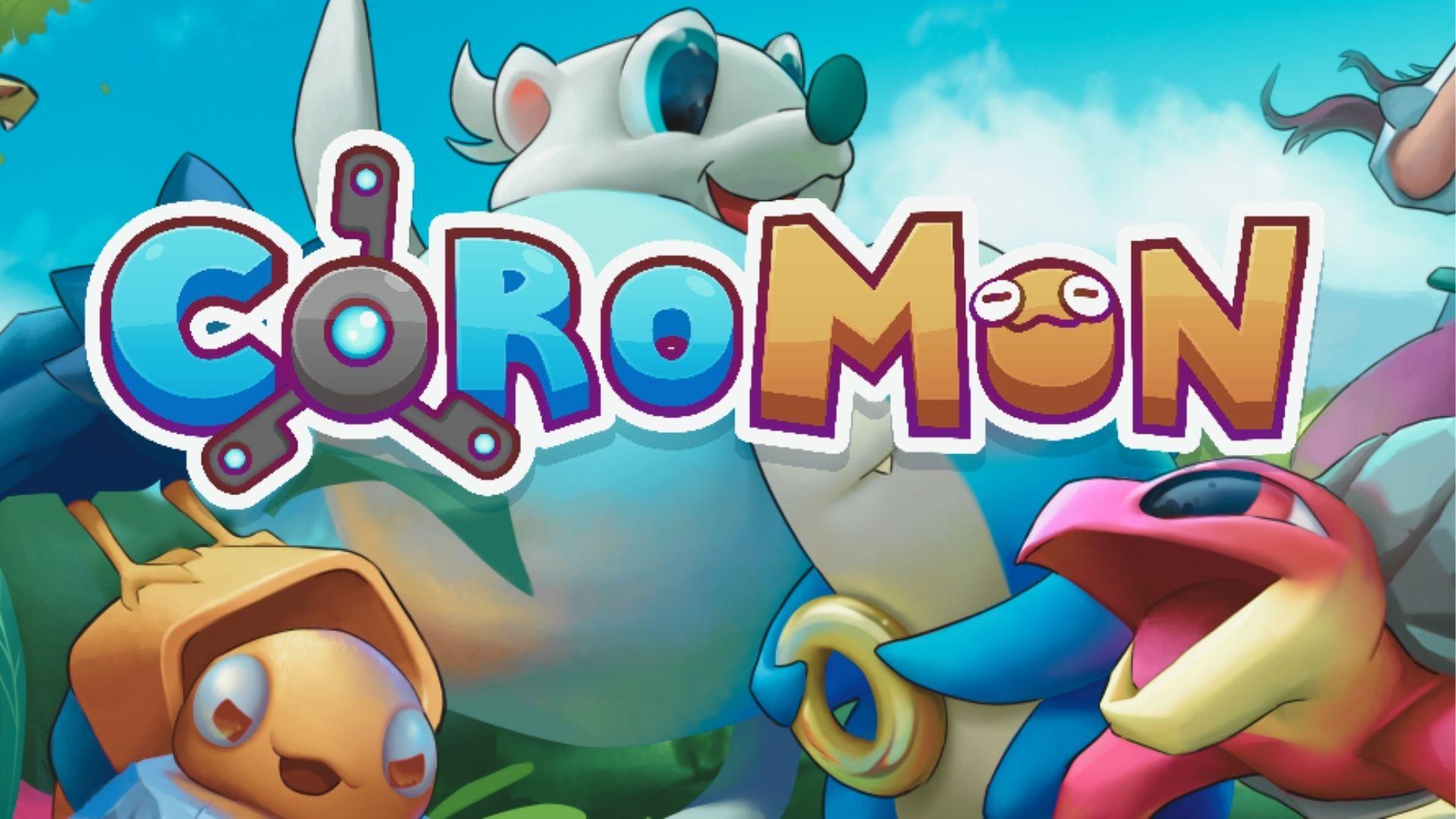 Coromon title art featuring cute, expressive creatures gathered around the colorful logo.