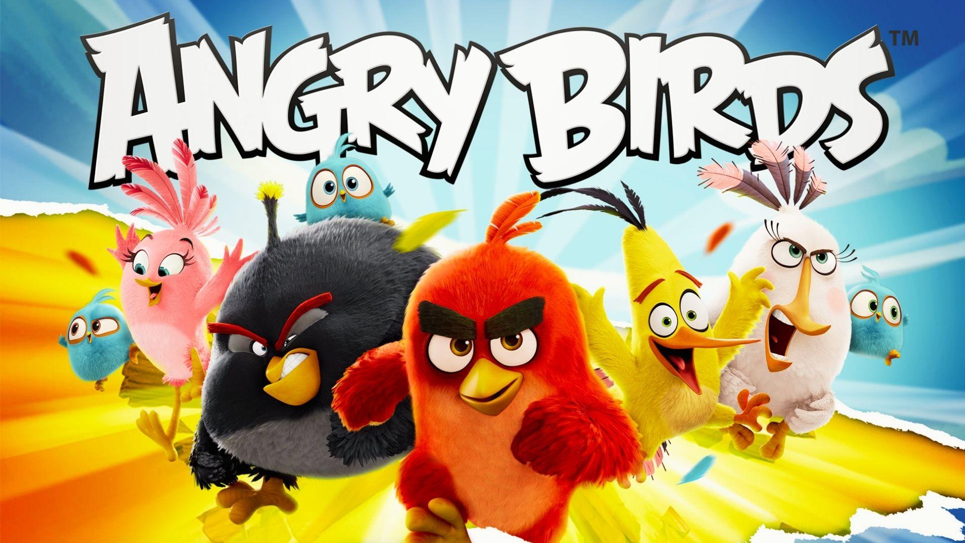 Angry Birds key art featuring Red, Chuck, Bomb, Matilda, Stella, Blues with Angry Birds logo, bright yellow background