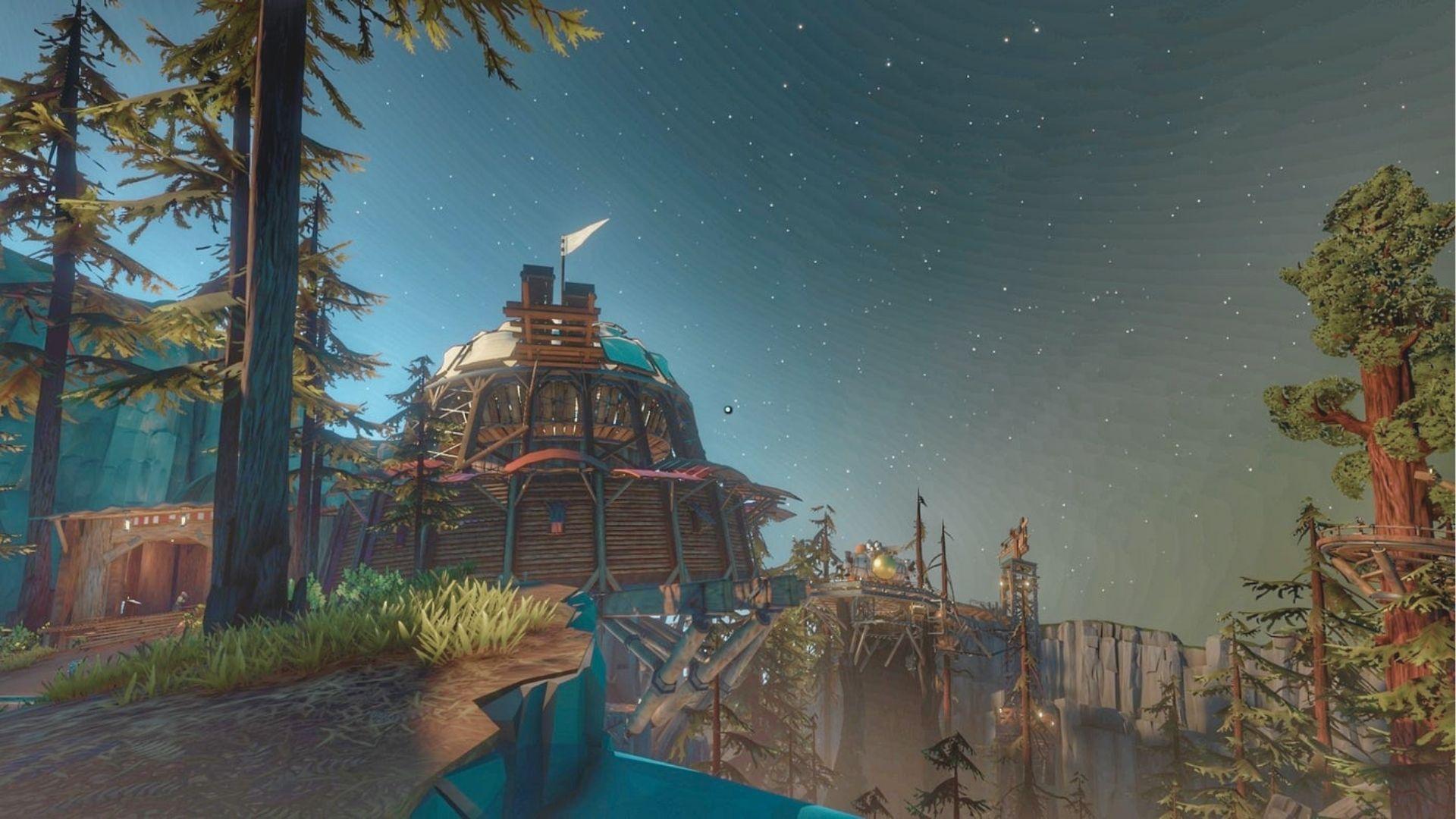 The wooden Hearthian village at twilight, with the Observatory perched on stilts above a cliff.