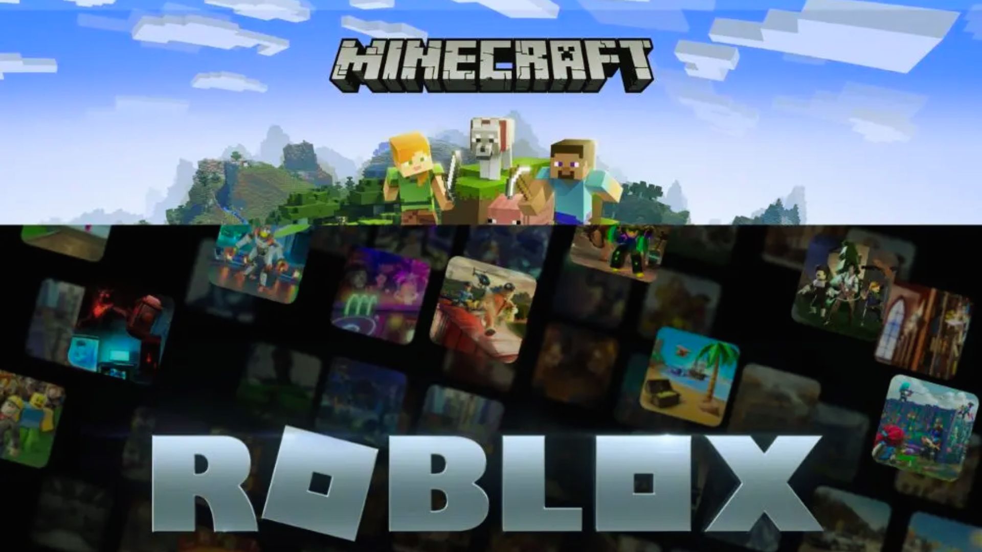 "Split image showing 'Minecraft' logo with pixelated characters and landscape above, and 'Roblox' logo with game thumbnails on a black background below."