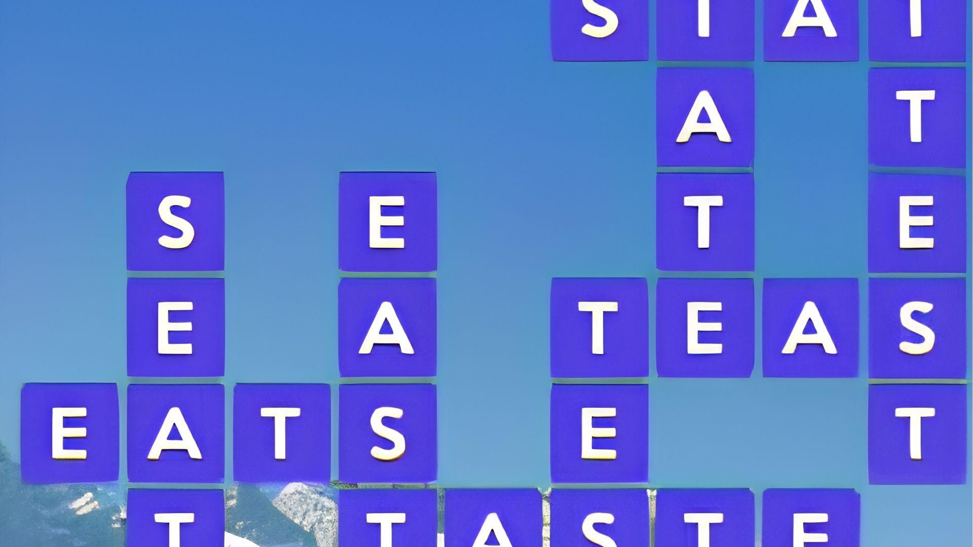 Wordscapes puzzle grid with purple letter tiles spelling EATS, TEAS, TASTE, and STATE against blue sky background