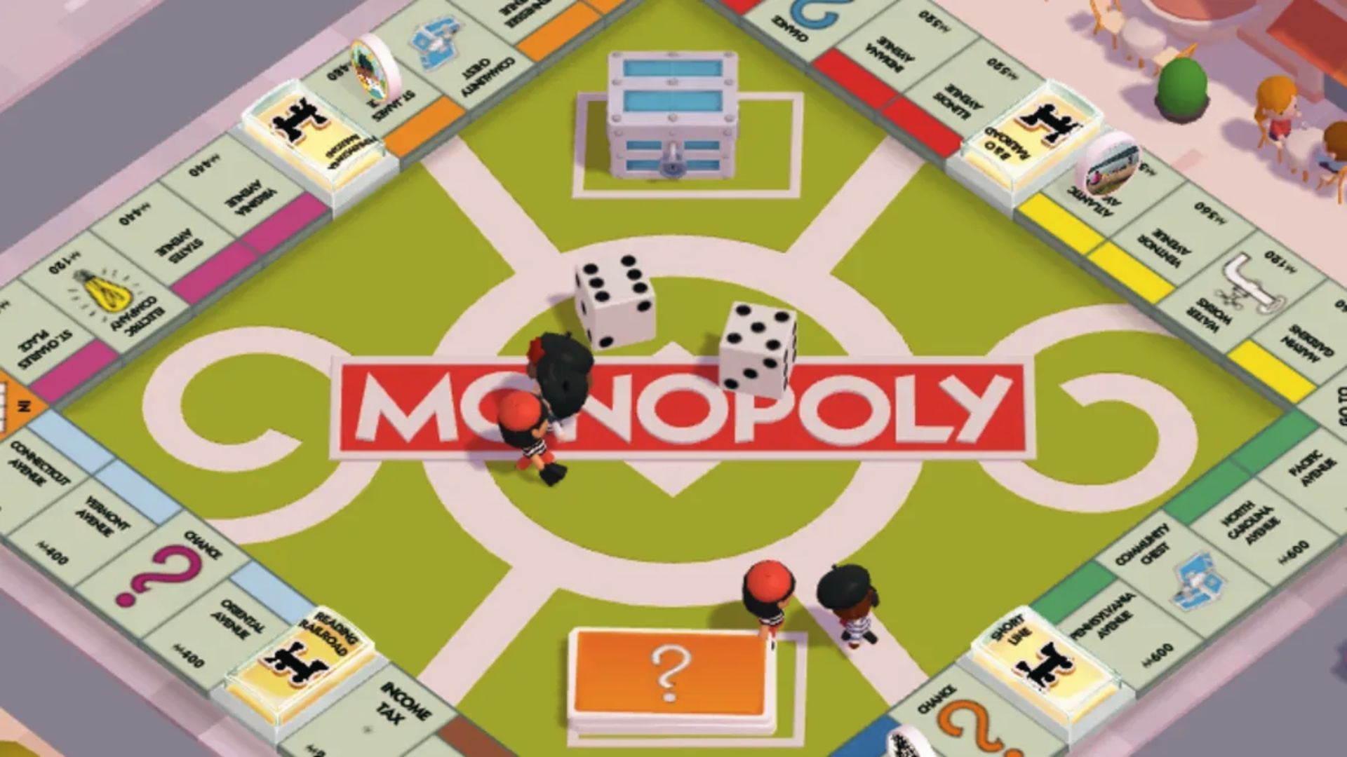 Monopoly Go game board with dice and players near Chance cards, roll to land on tiles to earn shields.