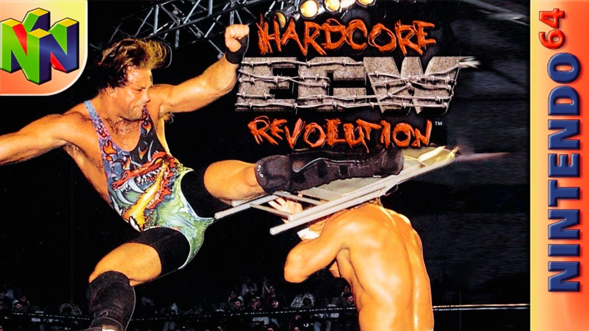 ECW Hardcore Revolution Nintendo 64 cover art with Rob Van Dam kicking chair into opponent, N64 branding