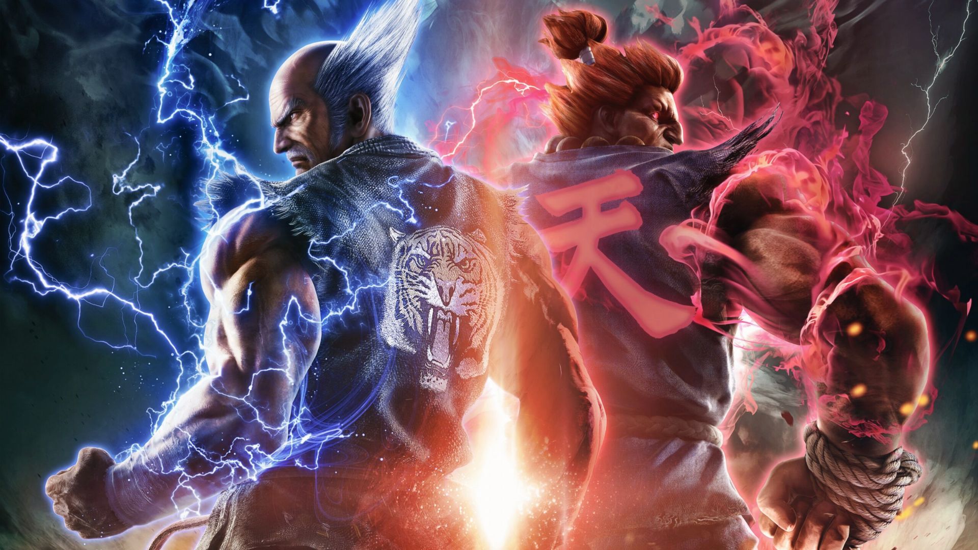 Tekken meets Street Fighter art. Heihachi and Akuma back-to-back with lightning, flames.