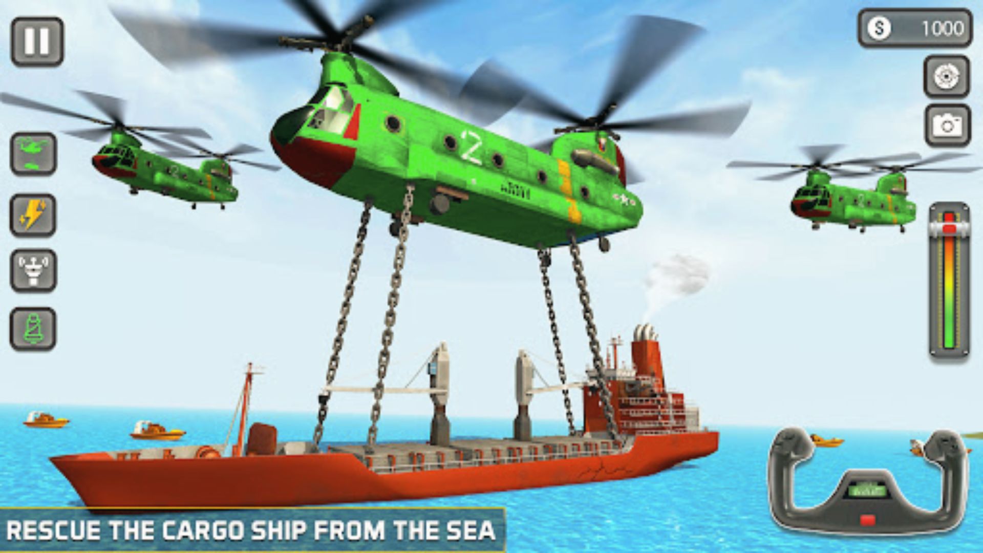 Green choppers lift red cargo ship at sea, modern rescue sim UI influenced by Master System classics