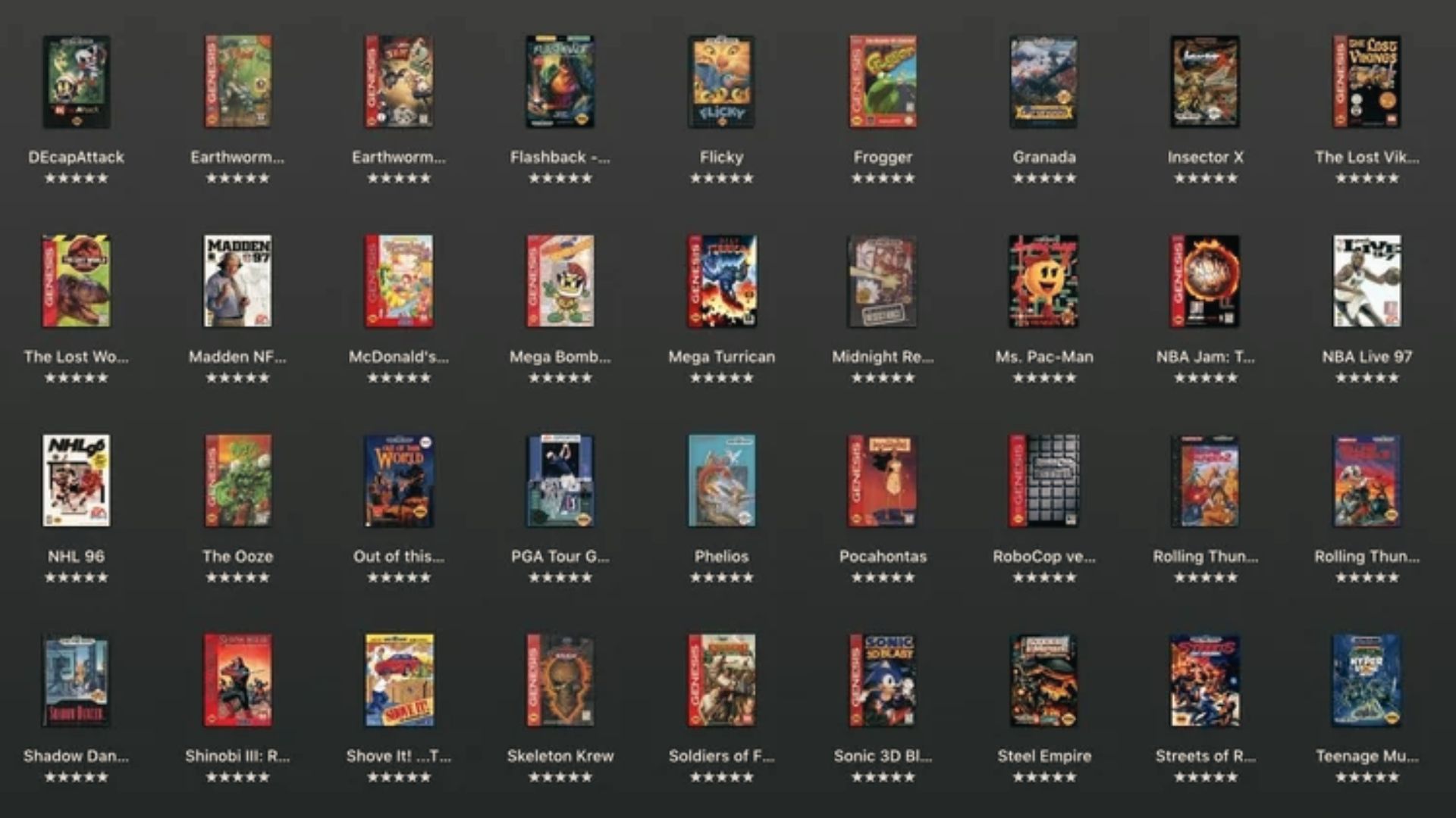 Grid of Sega Genesis game covers with 5-star ratings, top retro titles for Master System enthusiasts