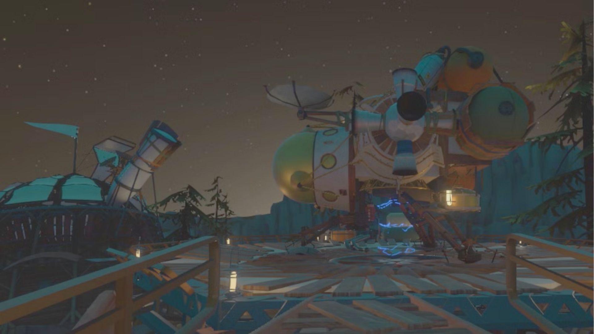 The Hearthian ship stands powered up on the launch platform beside the Observatory on Timber Hearth.