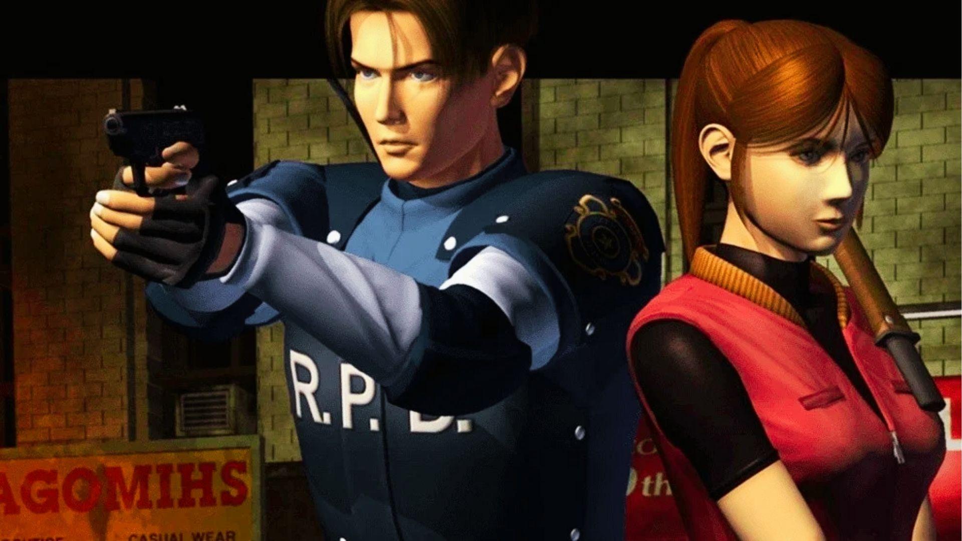 Resident Evil 2 N64 art of Leon Kennedy aiming pistol, Claire Redfield holding bat, dark alley background