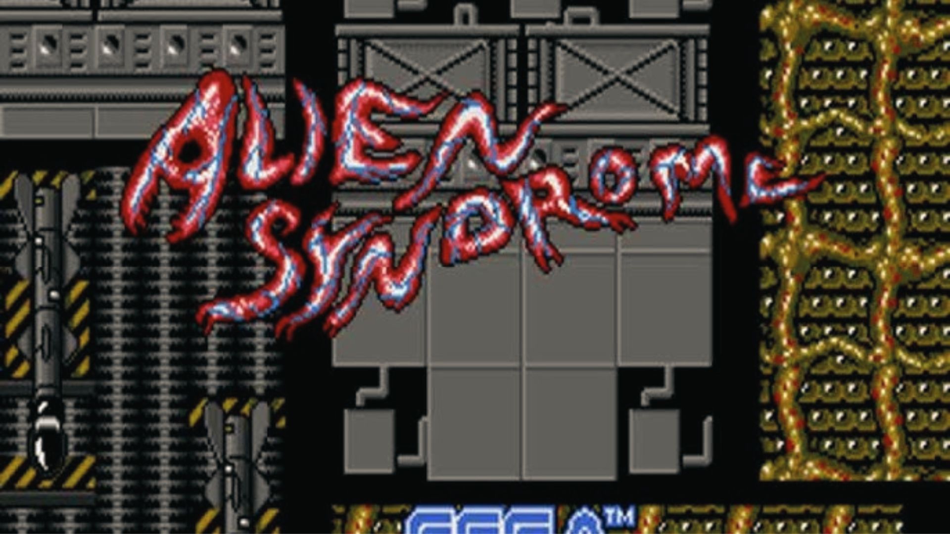 Alien Syndrome title glows red over alien hive base, Master System sci-fi run-and-gun shooter classic