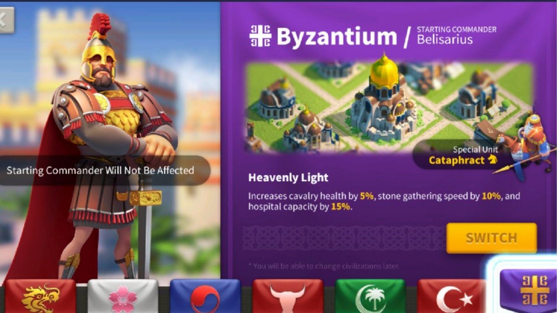 Byzantium civilization in Rise of Kingdoms with Belisarius commander, Cataphract cavalry special unit, and Heavenly Light bonuses