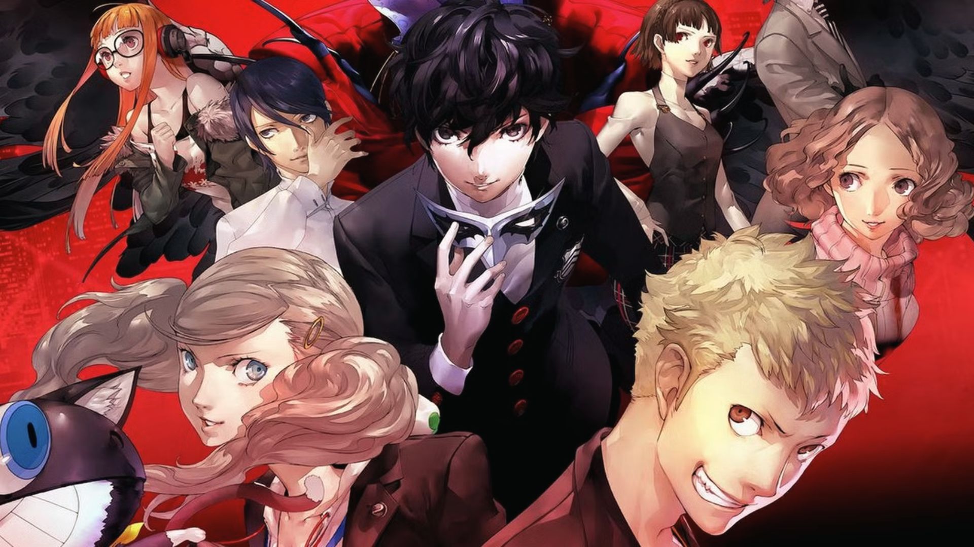 Persona 5 anime cast poses on a red background. Joker holds a mask, Phantom Thieves ready.